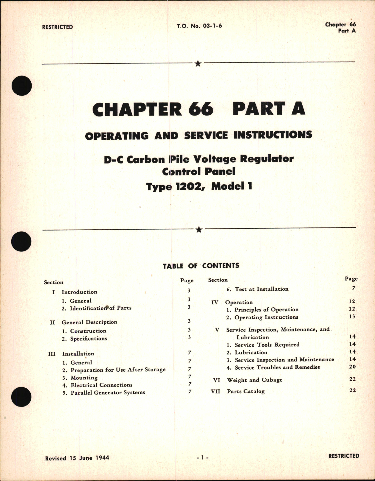 Sample page 1 from AirCorps Library document: Operating & Service Instructions for D-C Carbon Pile Voltage Regulator Control Panel, Ch 66 Part A