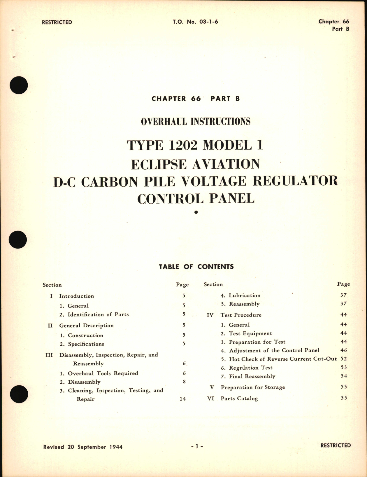 Sample page 1 from AirCorps Library document: Overhaul Instructions for D-C Carbon Pile Voltage Regulator Control Panel