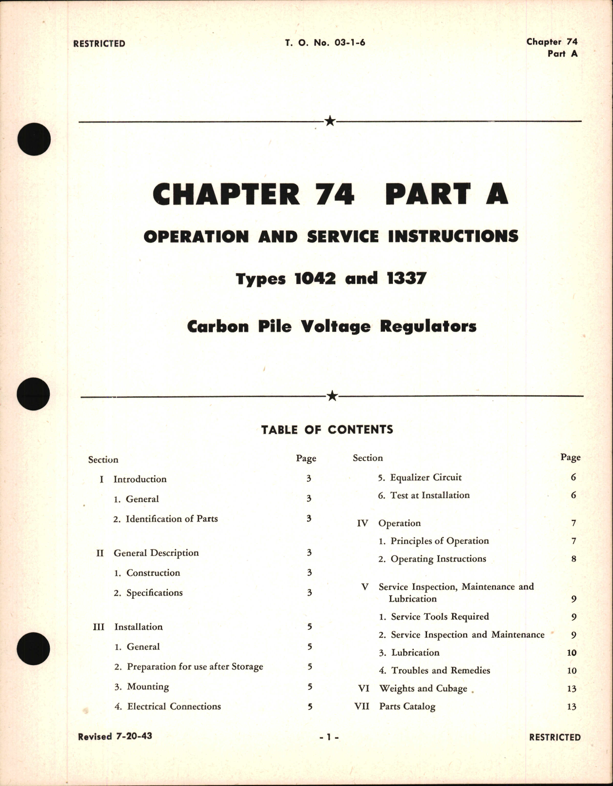 Sample page 1 from AirCorps Library document: Operation and Service Instructions for Carbon Pile Voltage Regulators, Ch 74 Part A