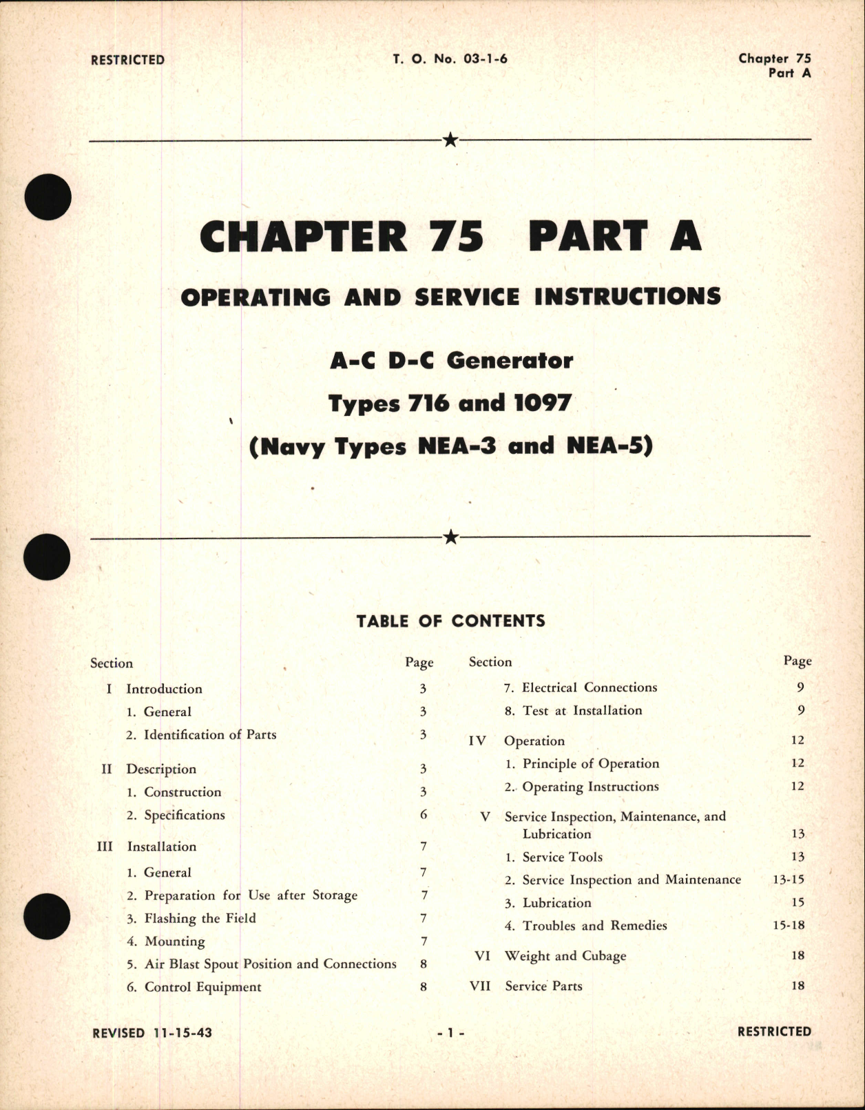 Sample page 1 from AirCorps Library document: Operating and Service Instructions for A-C D-C Generator, Ch 75 Part A