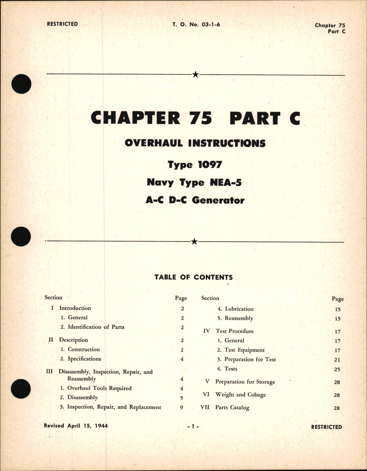 Sample page 1 from AirCorps Library document: Overhaul Instructions for A-C D-C Generator, Type 1097, Ch 75 Part C