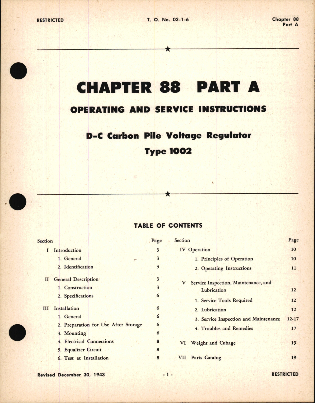 Sample page 1 from AirCorps Library document: Operating and Service Instructions for D-C Carbon Pile Voltage Regulator, Type 1002, Ch 88 Part A