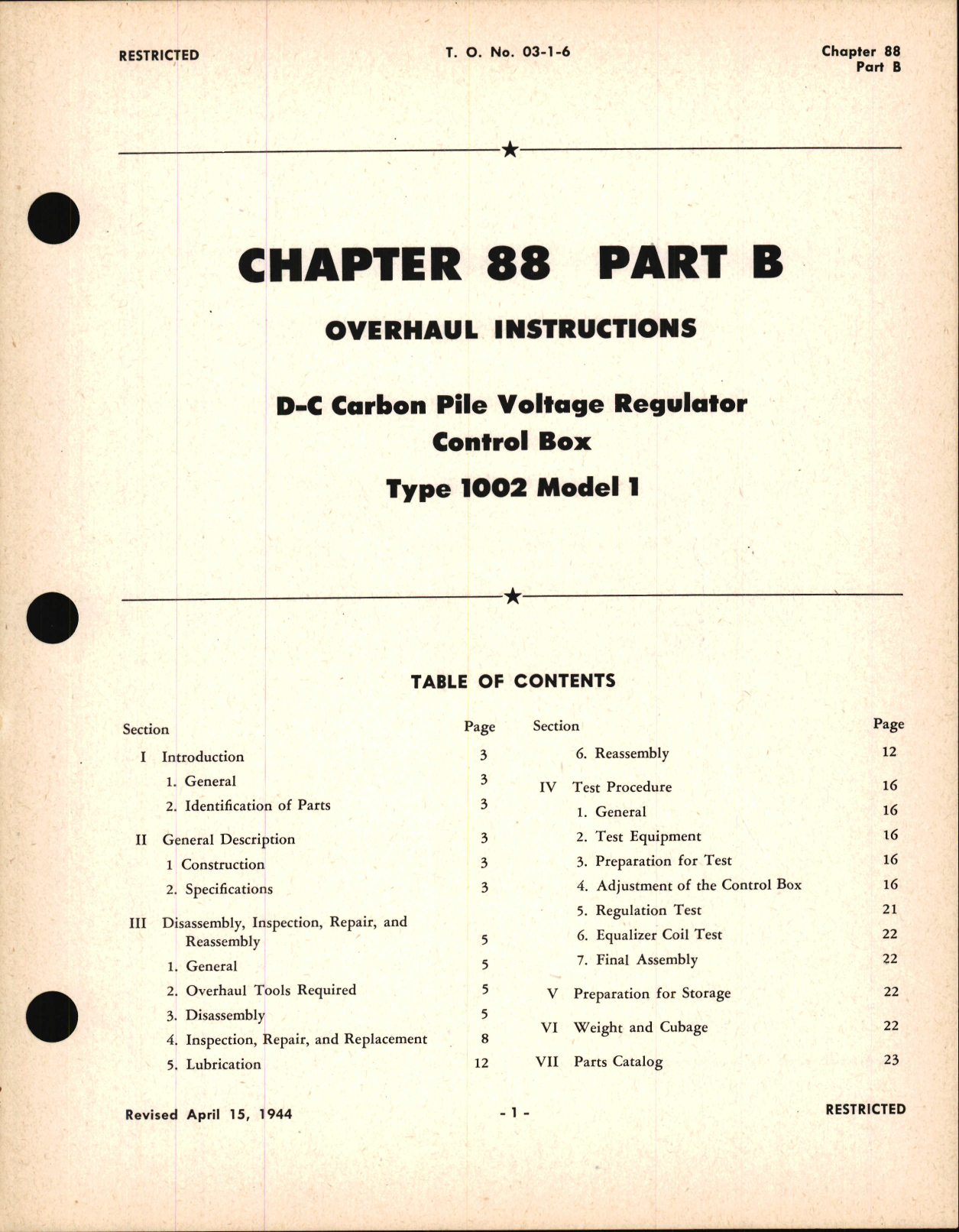 Sample page 1 from AirCorps Library document: Overhaul Instructions for D-C Carbon Pile Voltage Regulator Control Box, Type 1002 Model 1, Ch 88 Part B