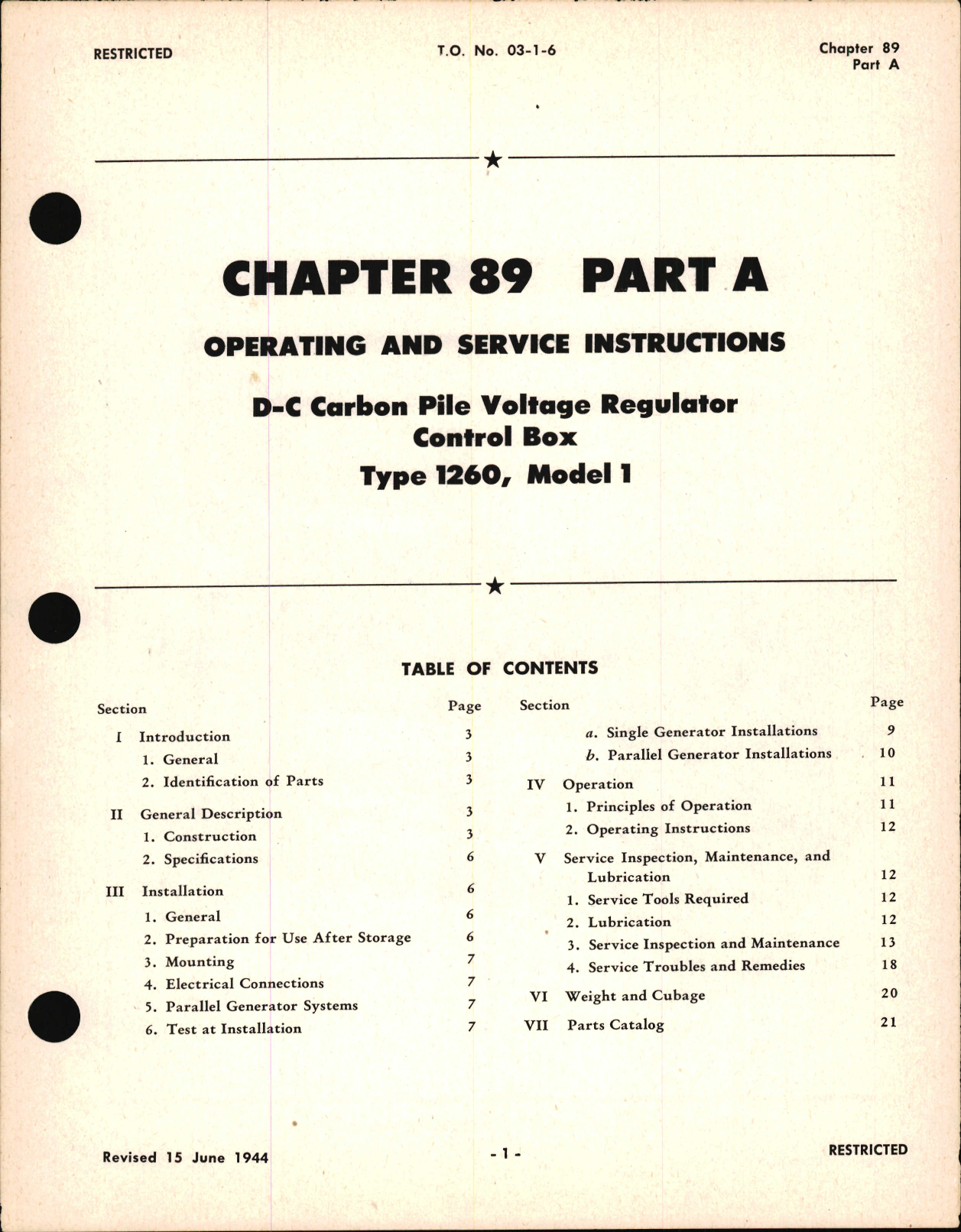 Sample page 1 from AirCorps Library document: Operating and Service Instructions for D-C Pile Voltage Regulator Control Box, Type 1260 Model 1, Ch 89 Part A