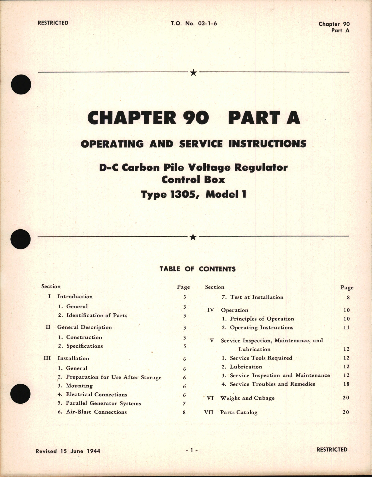 Sample page 1 from AirCorps Library document: Operating and Service Instructions for D-C Carbon Pile Voltage Regulator Control Box, Type 1305 Model 1, Ch 90 Part A