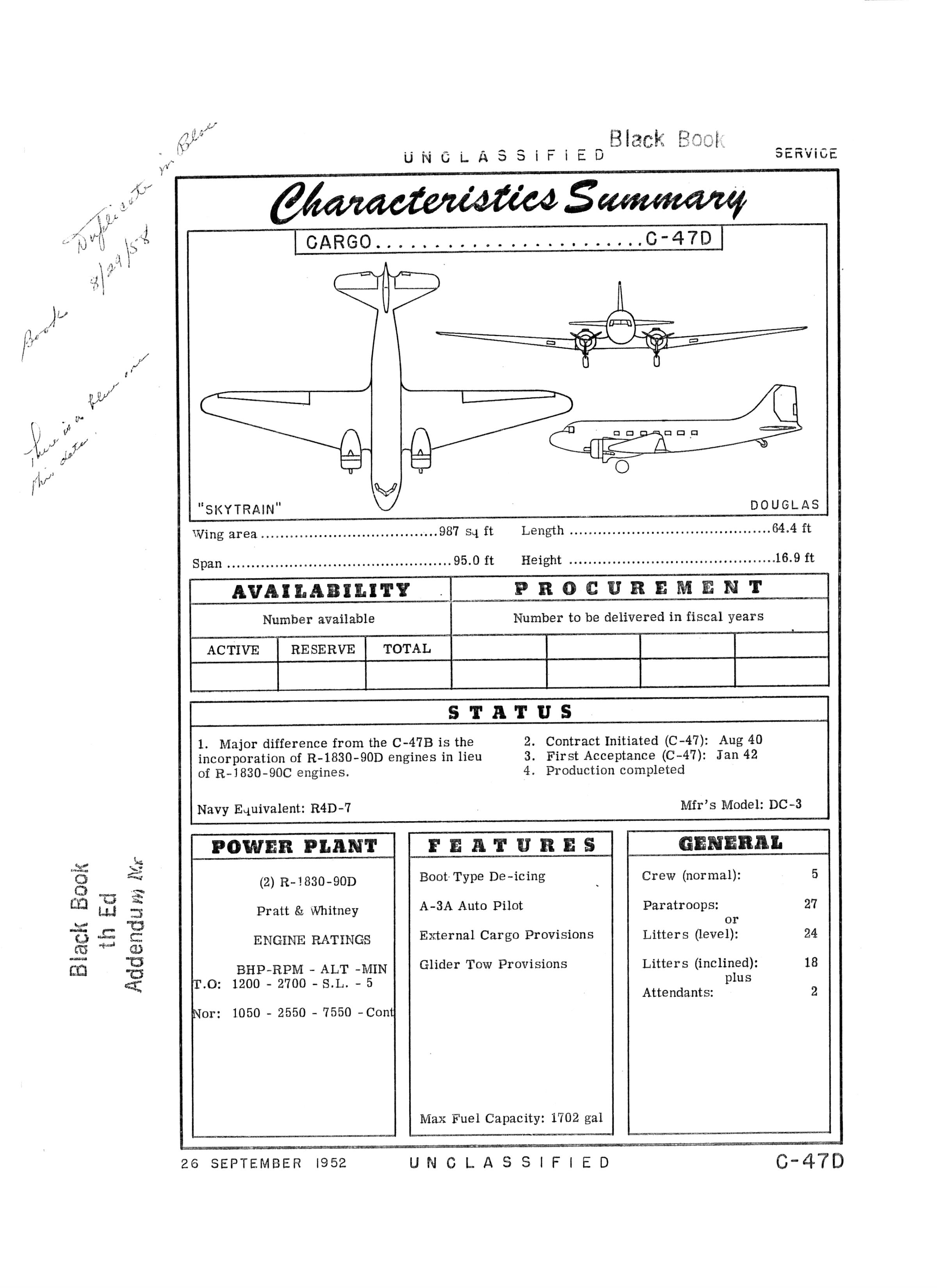 Sample page 1 from AirCorps Library document: Characteristics Summary for C-47D