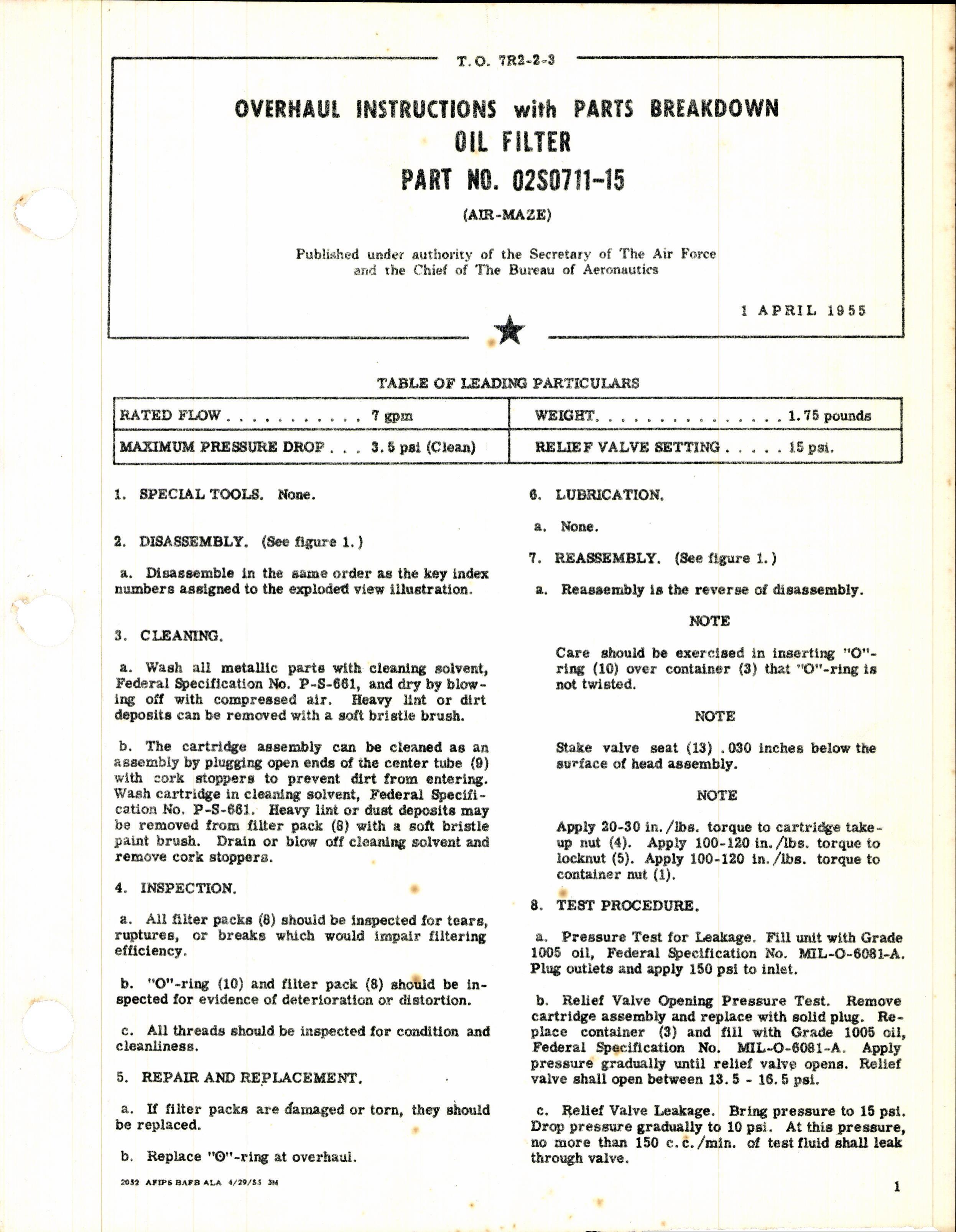 Sample page 1 from AirCorps Library document: Overhaul Instructions with Parts Breakdown Oil Filter