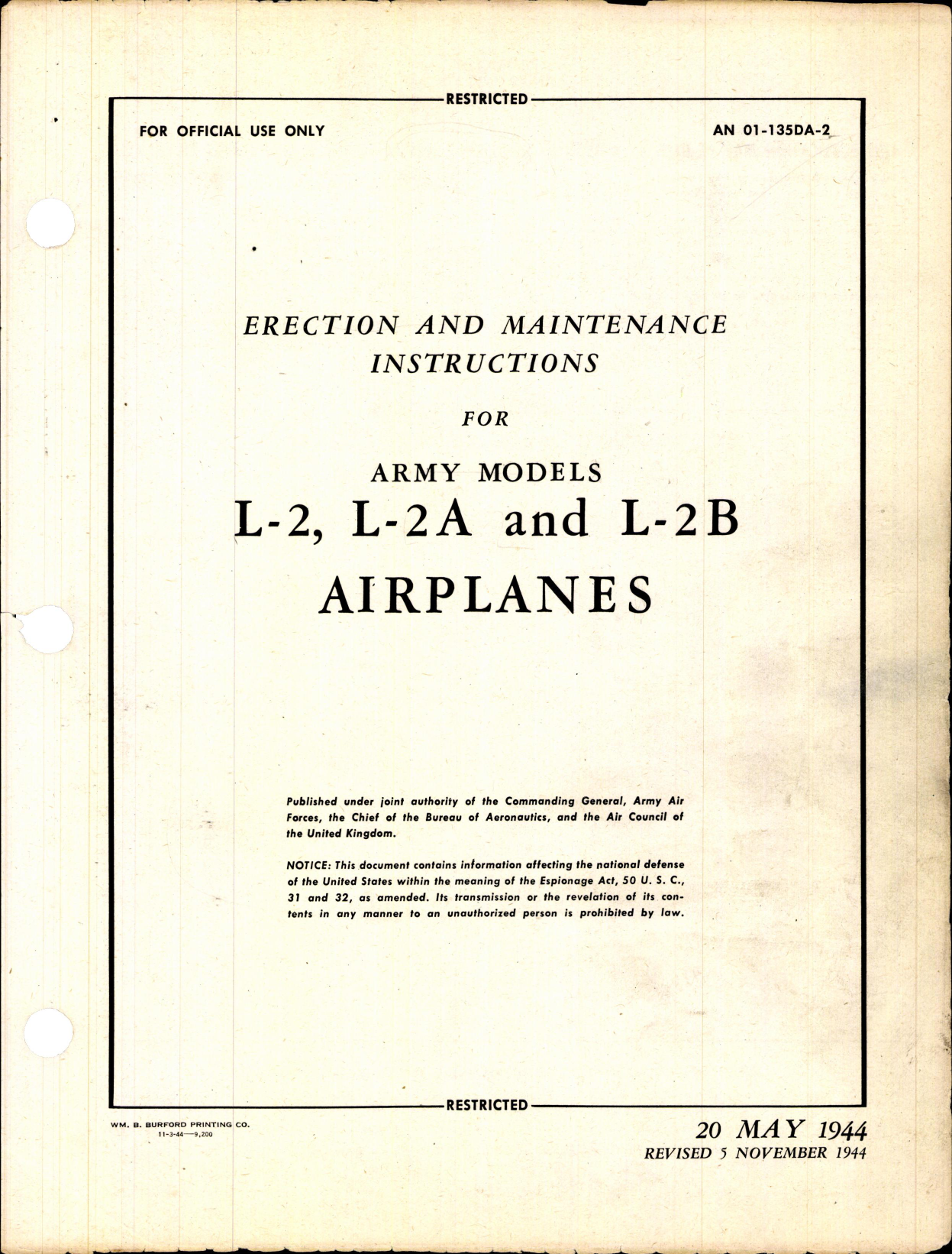 Sample page 1 from AirCorps Library document: Erection and Maintenance Instructions for L-2, L-2A, and L-2B Airplanes