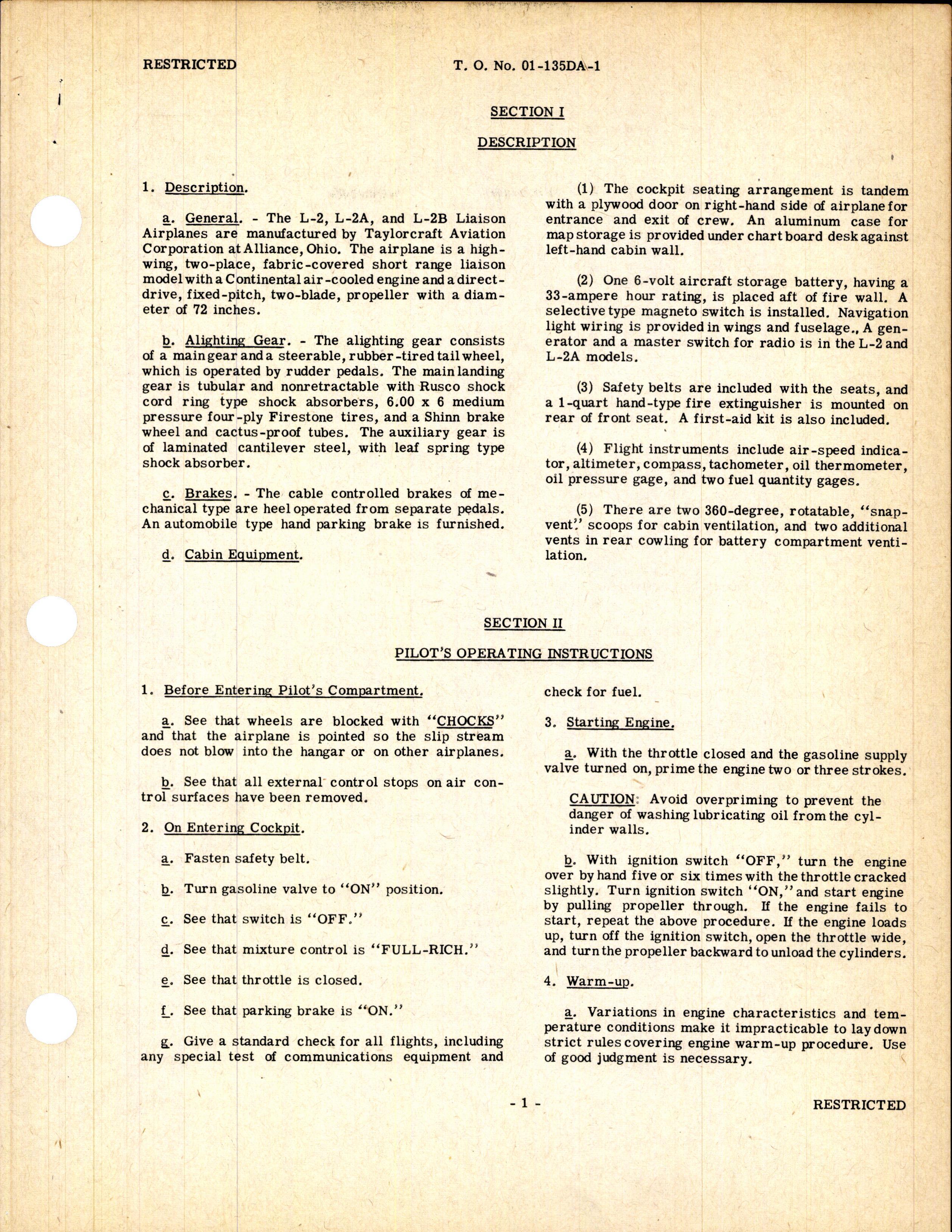 Sample page 5 from AirCorps Library document: Pilot's Flight Operating Instructions for L-2, L-2A & L-2B Airplanes
