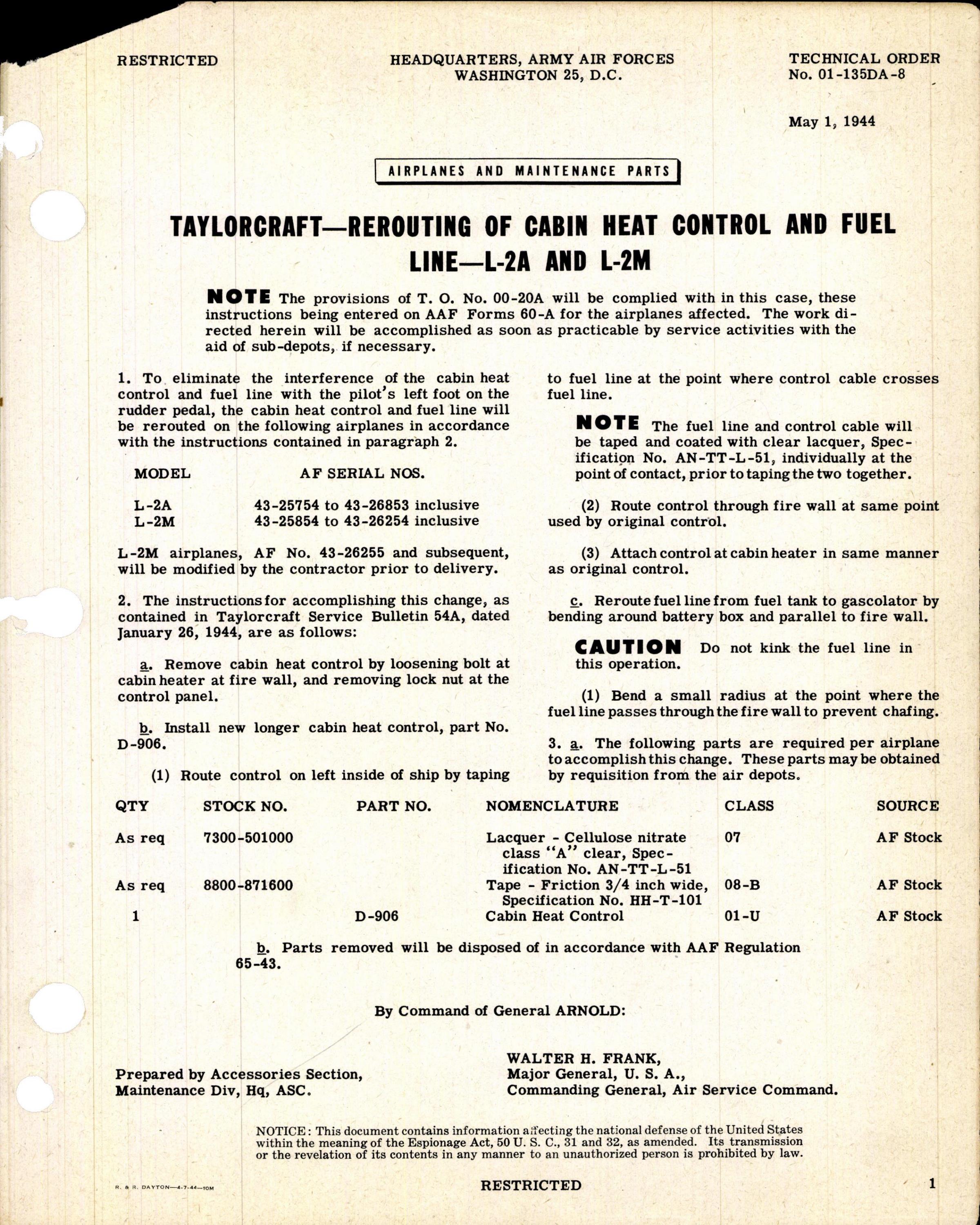 Sample page 1 from AirCorps Library document: Rerouting of Cabin Heat Control & Fuel Line for L-2A and L-2M