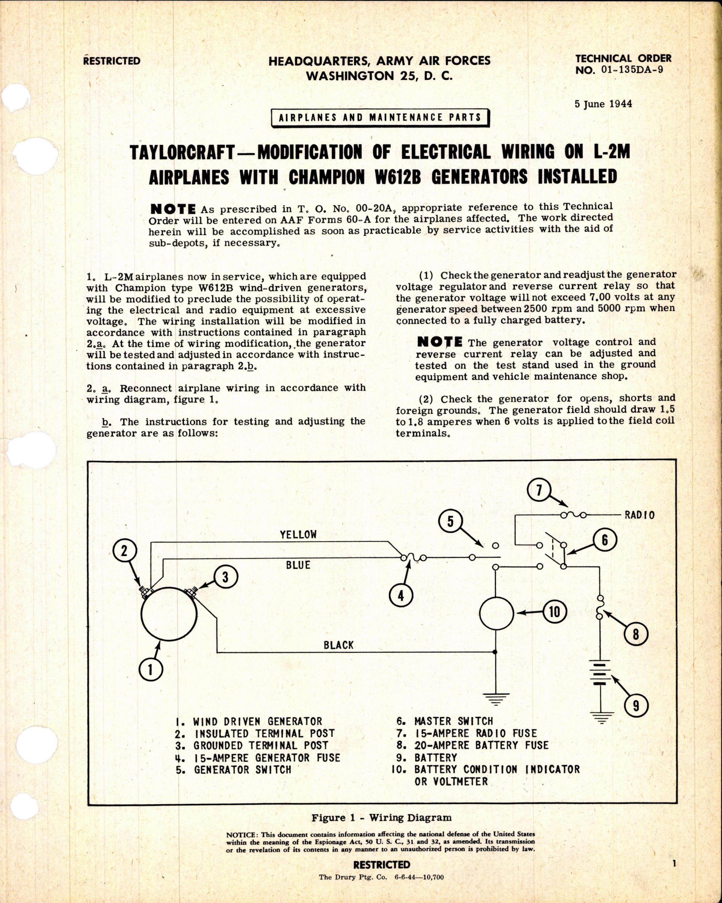 Sample page 1 from AirCorps Library document: Modification of Electrical Wiring on L-2M w/ Champion W612B Generators