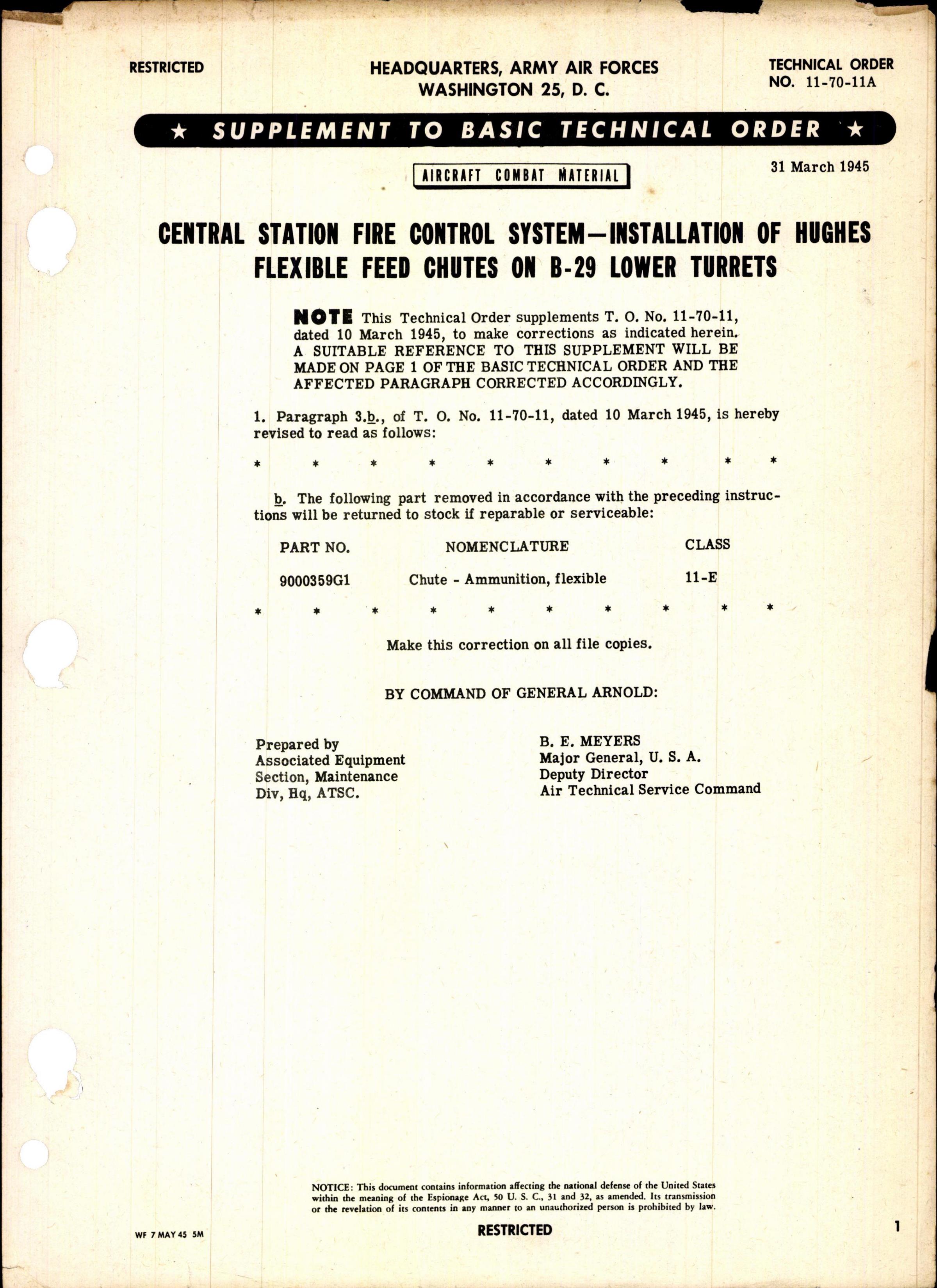 Sample page 1 from AirCorps Library document: Installation of Flexible Feed Chutes on B-29 Lower Turrets