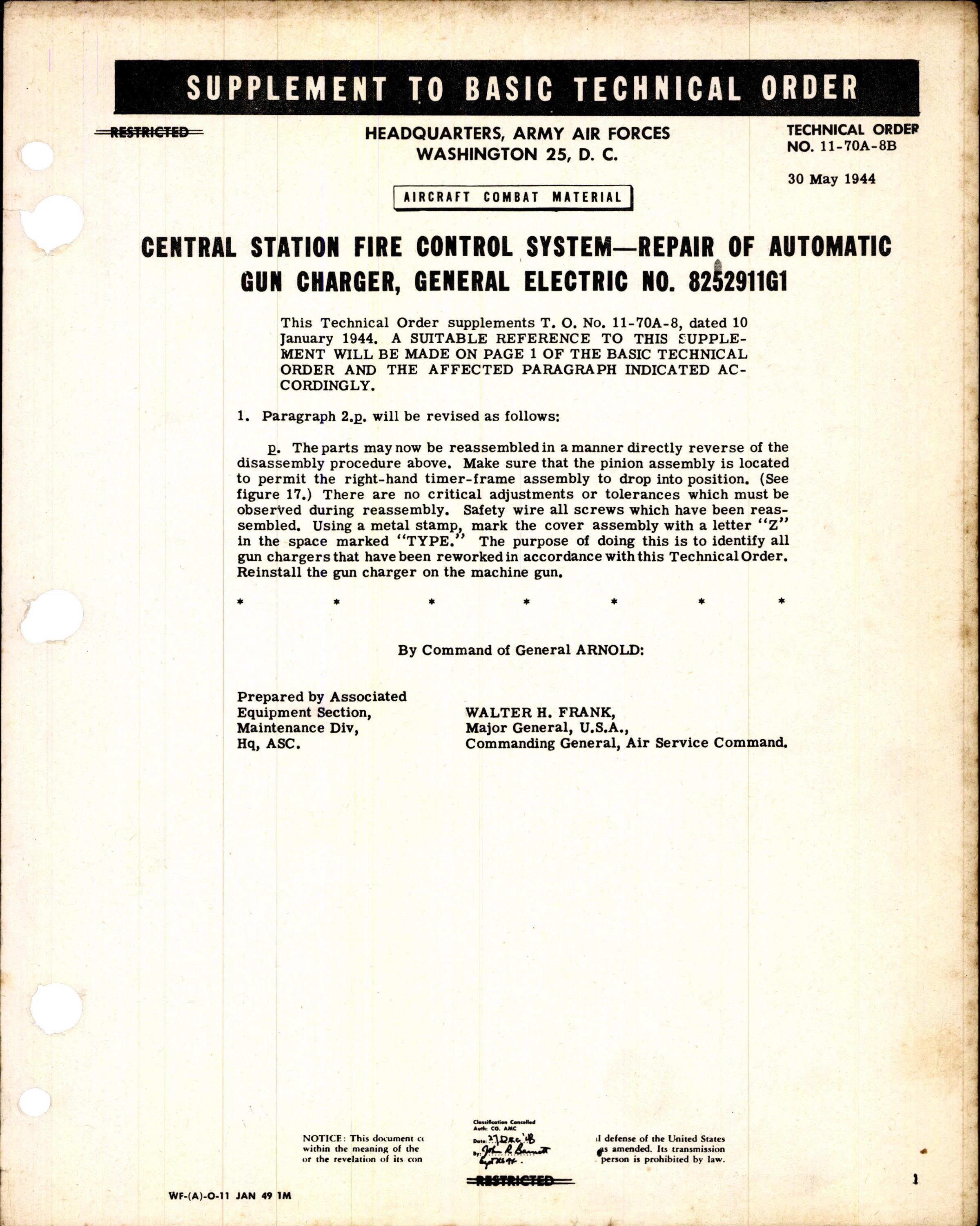 Sample page 1 from AirCorps Library document: Repair of Automatic Gun Charger - General Electric No. 8252911G1