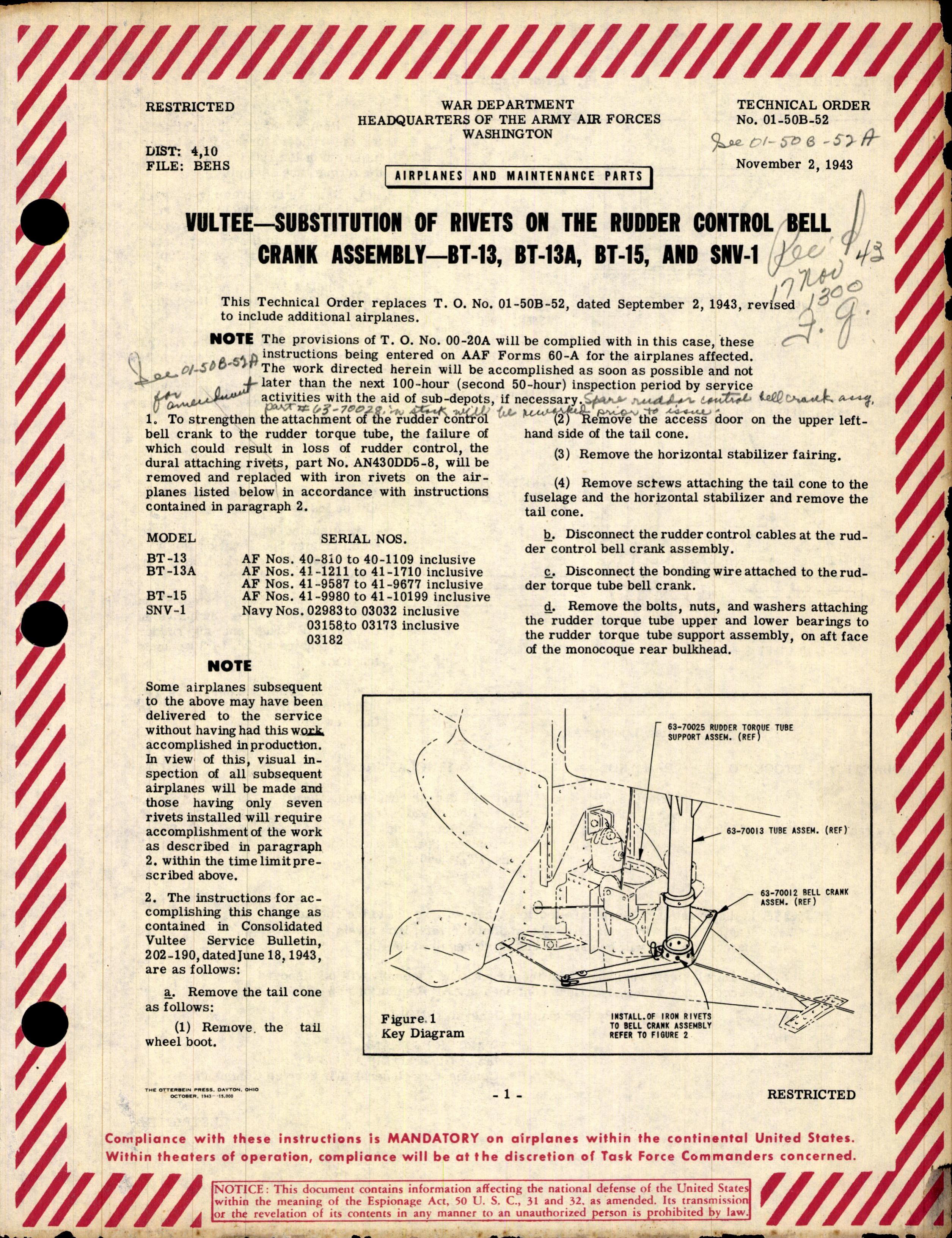 Sample page 1 from AirCorps Library document: Substitution of Rivets on the Rudder Control Bell Crank Assembly for BT-13, BT-13A, BT-15, and SNV-1