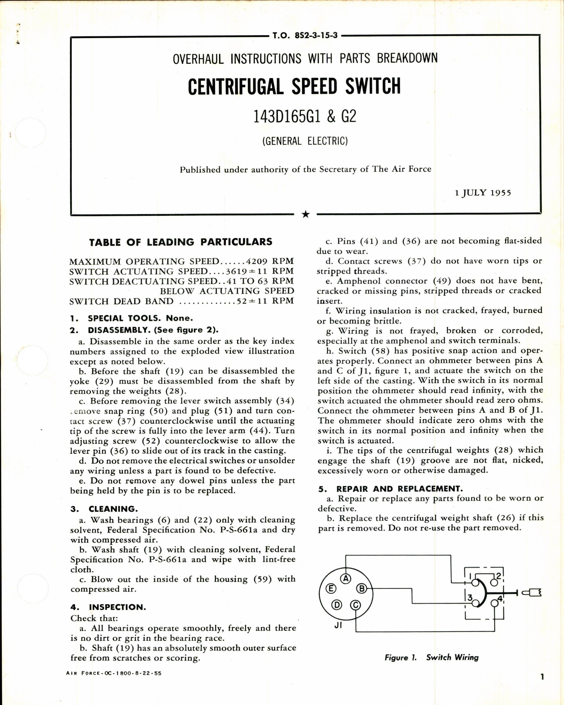 Sample page 1 from AirCorps Library document: Overhaul Instructions with Parts Breakdown for Centrifugal Speed Switch 143D165G1 and G2