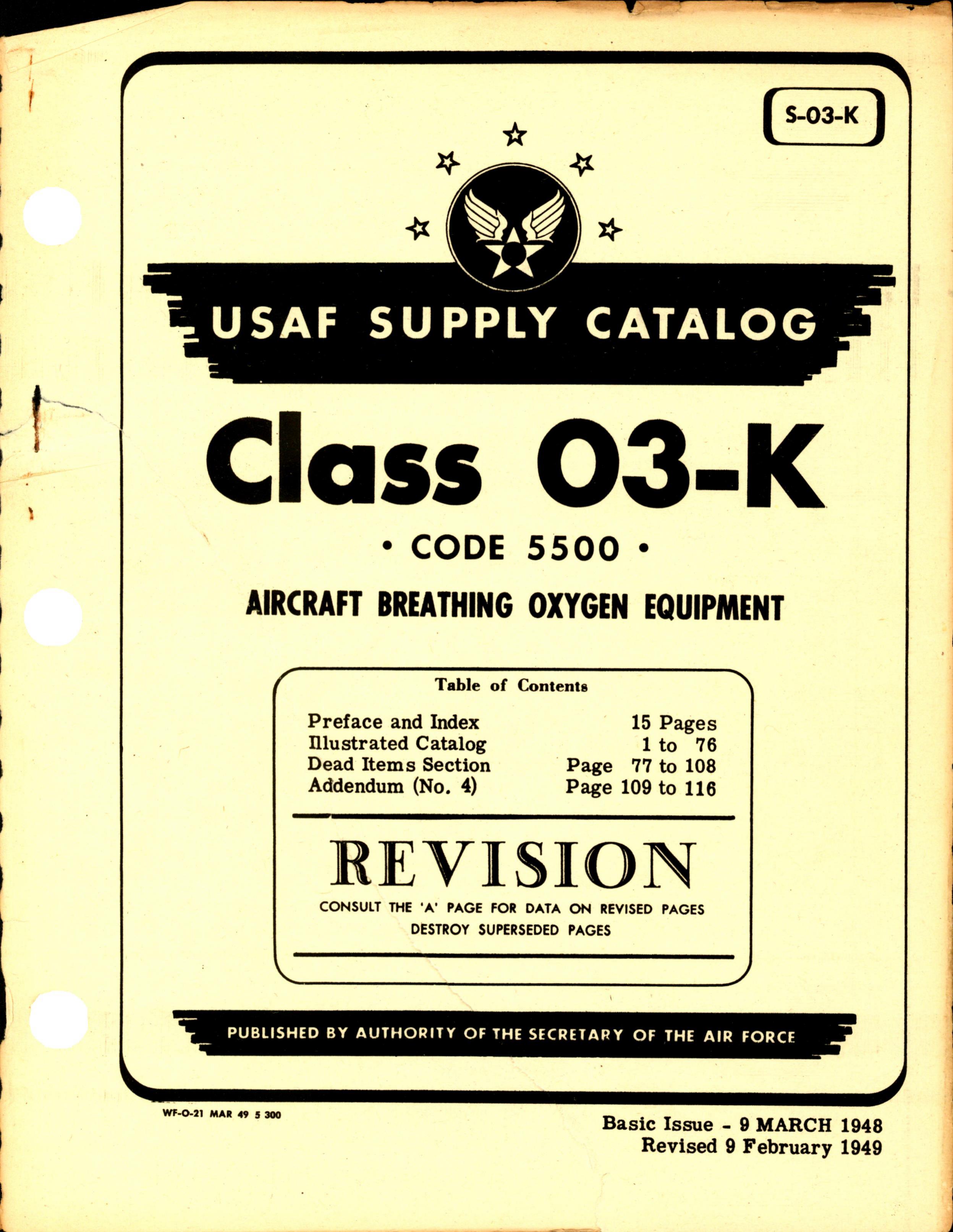 Sample page 1 from AirCorps Library document: USAF Supply Catalog Class 03-K Code 5500 Aircraft Breathing Oxygen Equipment