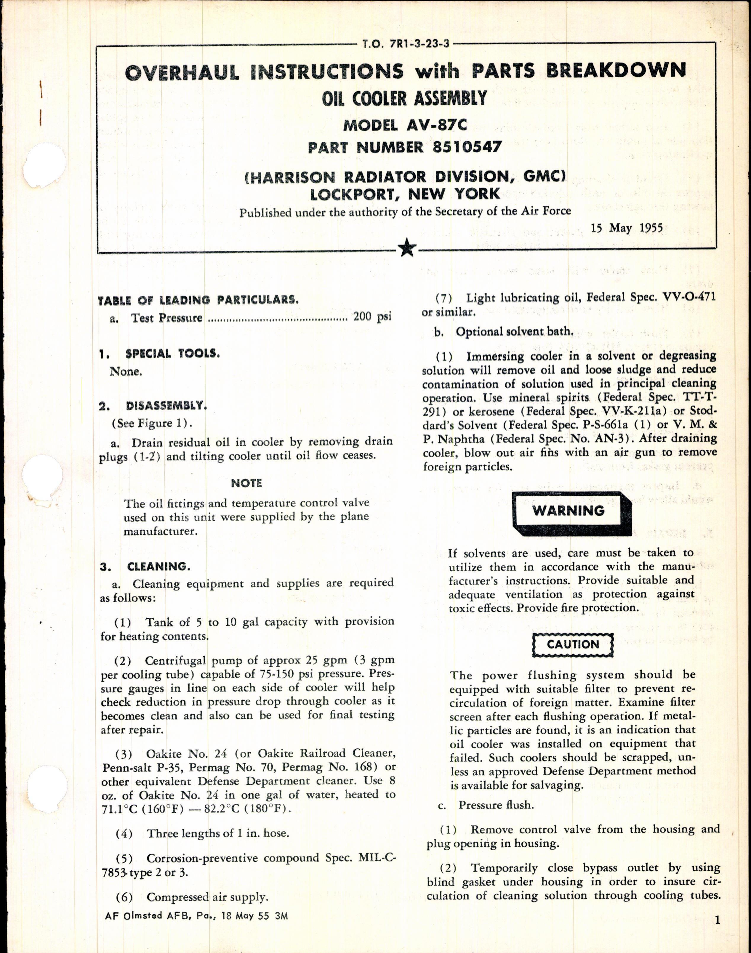 Sample page 1 from AirCorps Library document: Overhaul Instructions with Parts Breakdown Oil Cooler Assembly