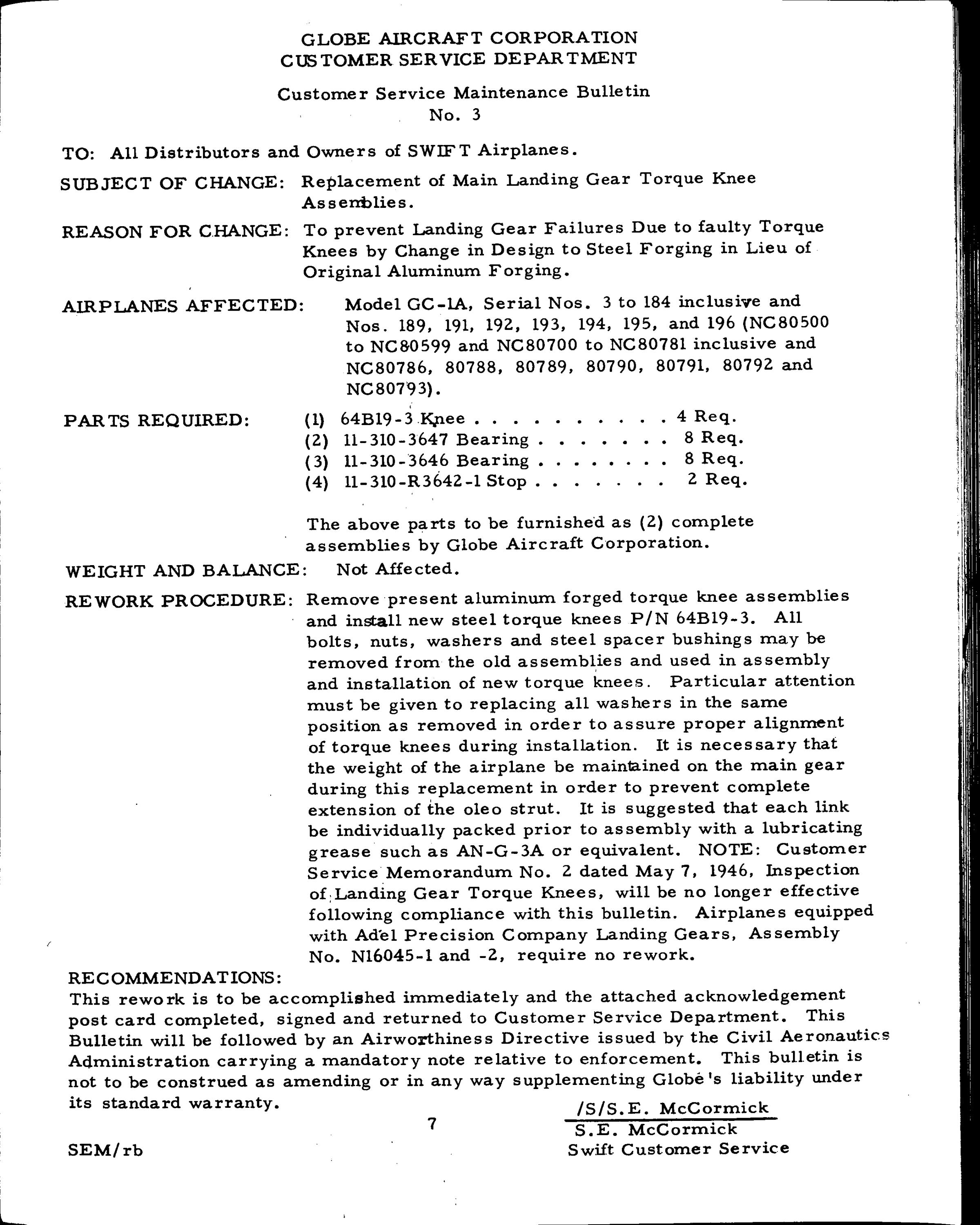 Sample page 11 from AirCorps Library document: Customer Service Maintenance Bulletins