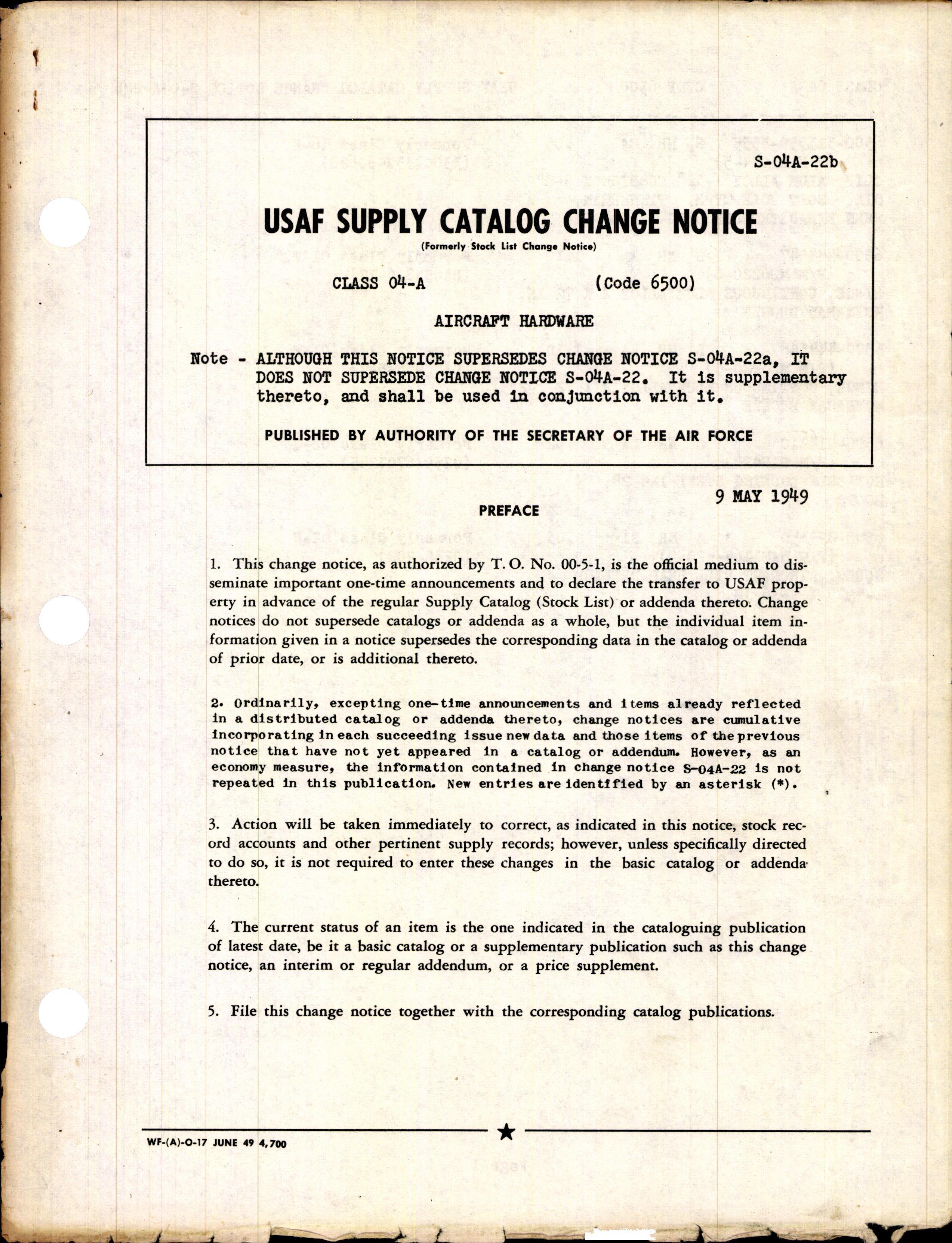 Sample page 1 from AirCorps Library document: USAF Supply Catalog Change Notice - Aircraft Hardware