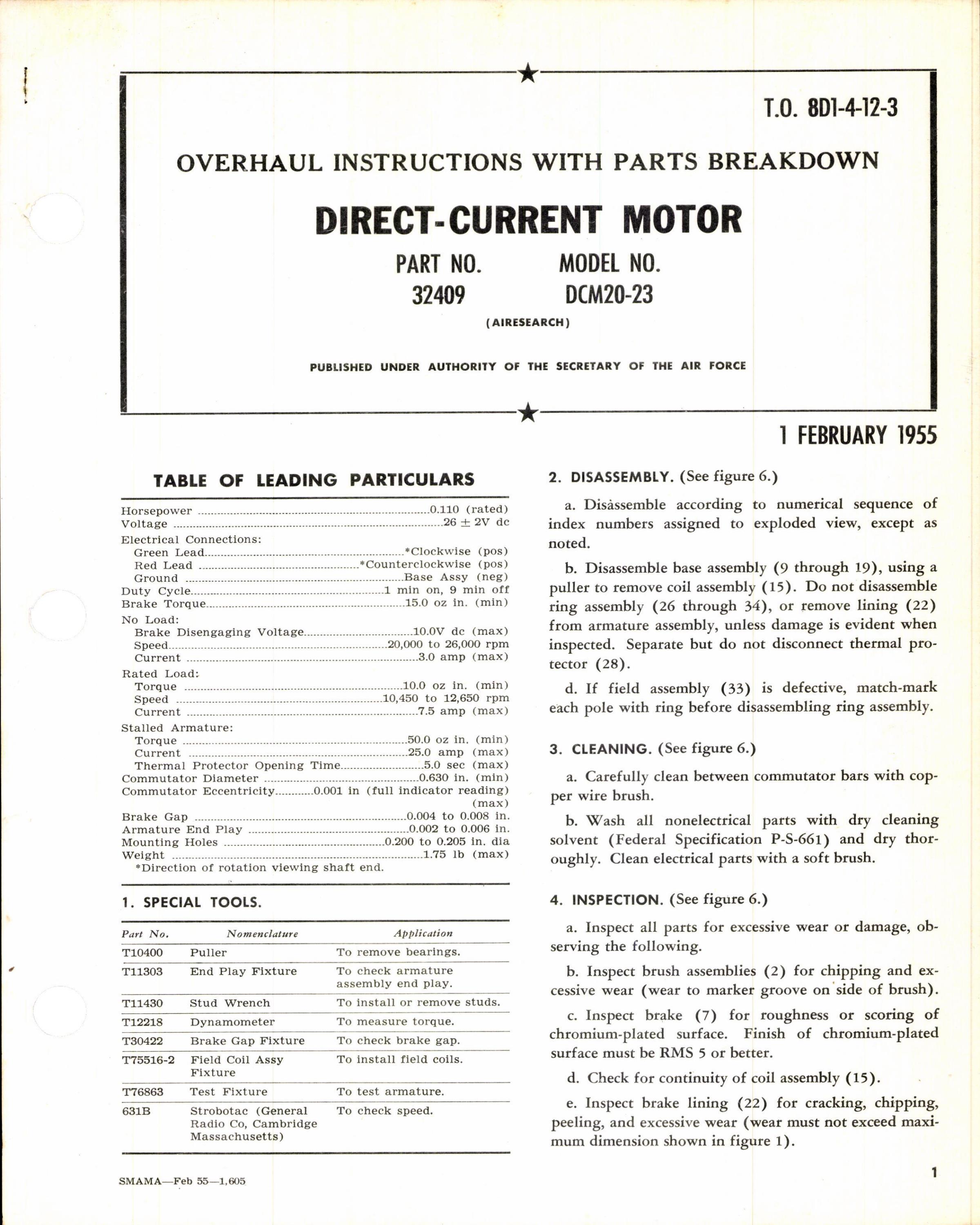 Sample page 1 from AirCorps Library document: Overhaul Instructions with Parts Breakdown for Direct-Current Motor Model DCM20-23, Part No 32409