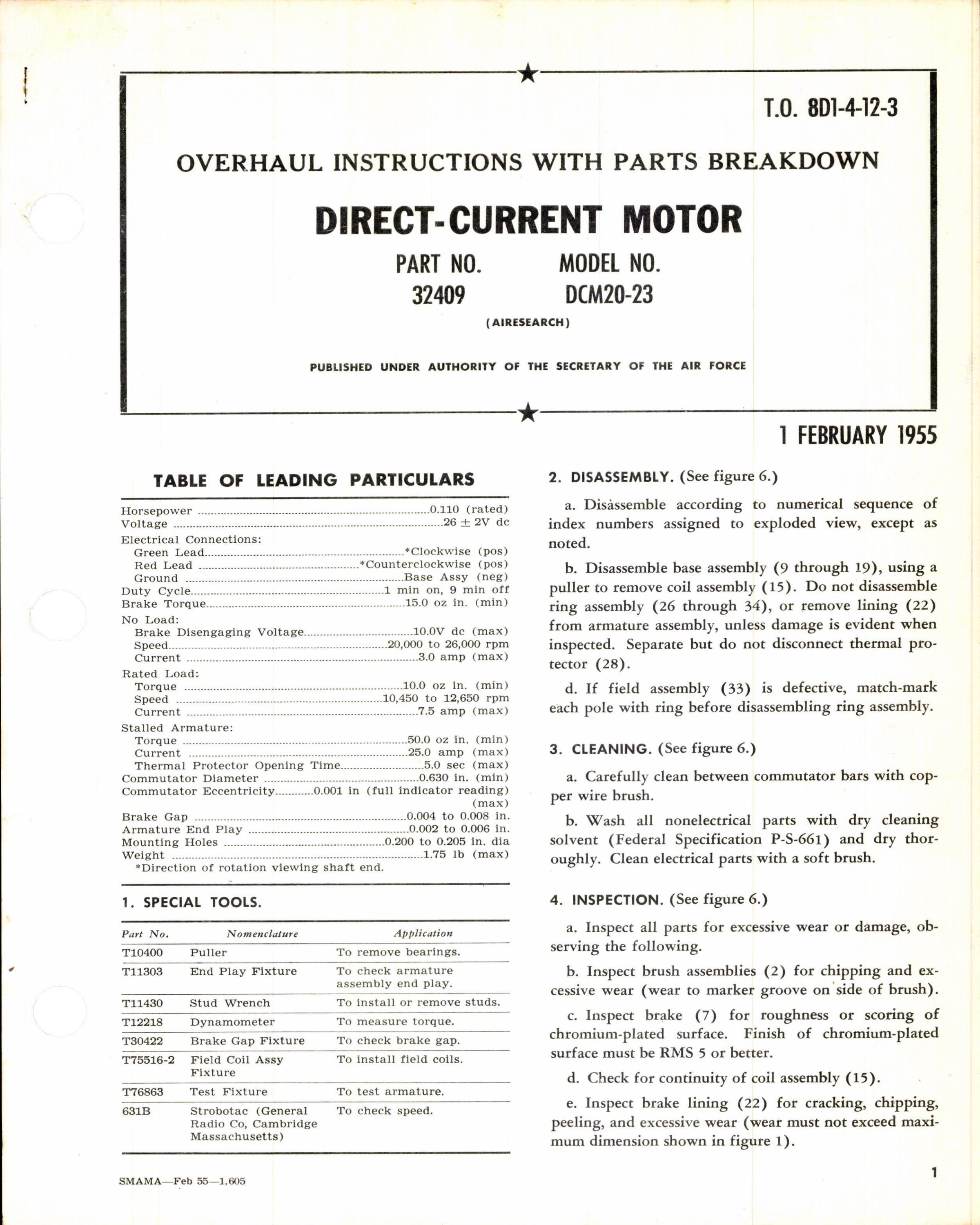 Sample page 1 from AirCorps Library document: Overhaul Instructions with Parts Breakdown for Direct-Current Motor Model DCM20-23, Part No 32409