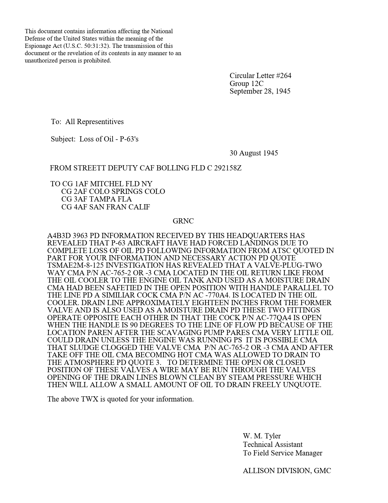 Sample page 1 from AirCorps Library document: Loss of Oil - P-63s