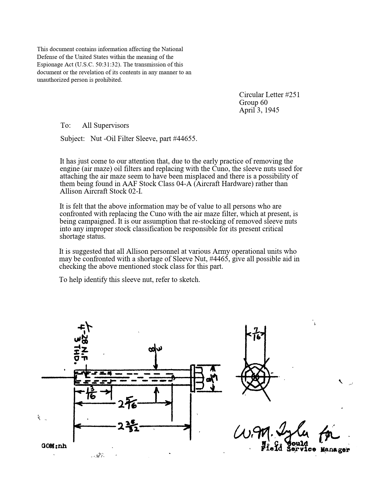 Sample page 1 from AirCorps Library document: Nut - Oil Filter Sleeve, Part #44655