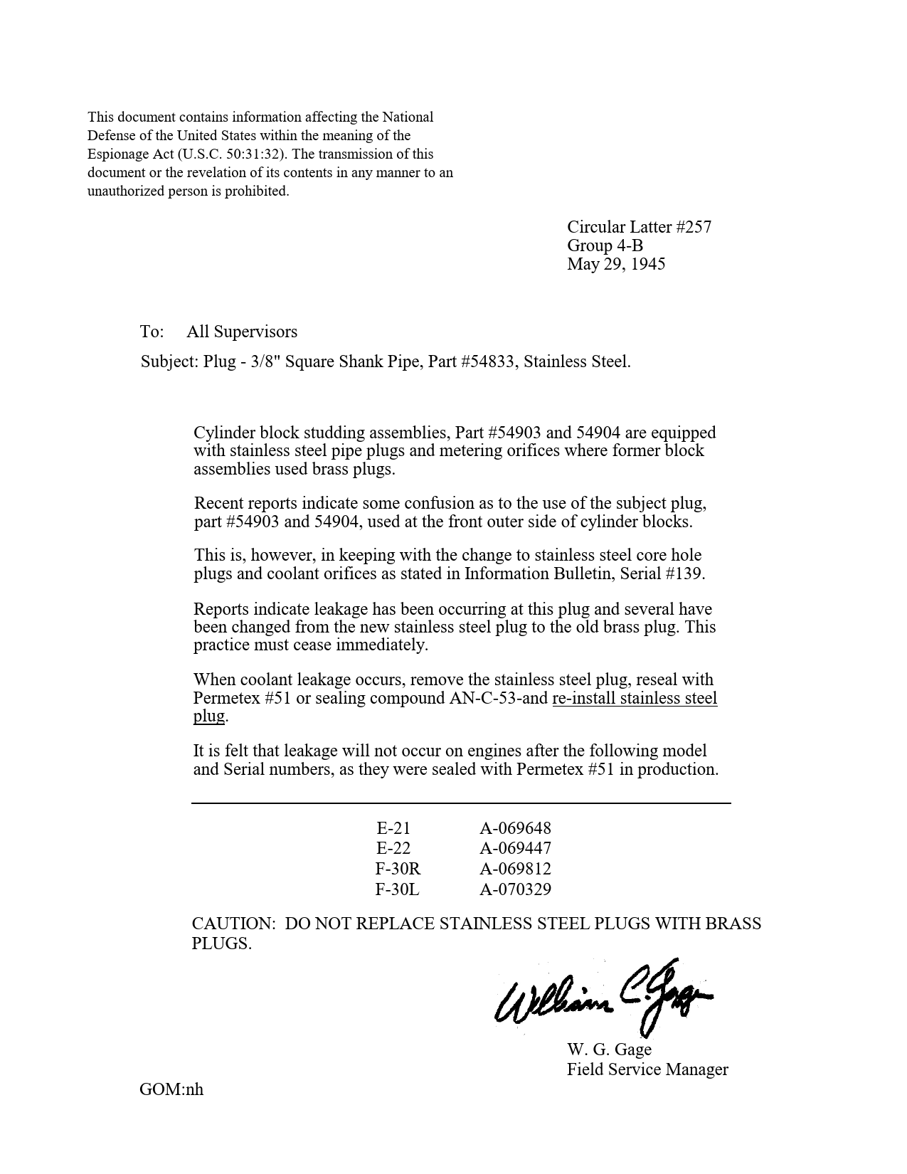 Sample page 1 from AirCorps Library document: Plug - 3- inch Square Shank Pipe, Part #54833, Stainless Steel