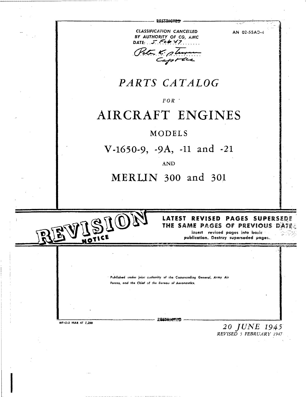 Sample page 1 from AirCorps Library document: Parts Catalog for Engine Models V-1650-9, V-1650-9A, V-1650-11, and V-1650-21 - Merlin 300 and 301