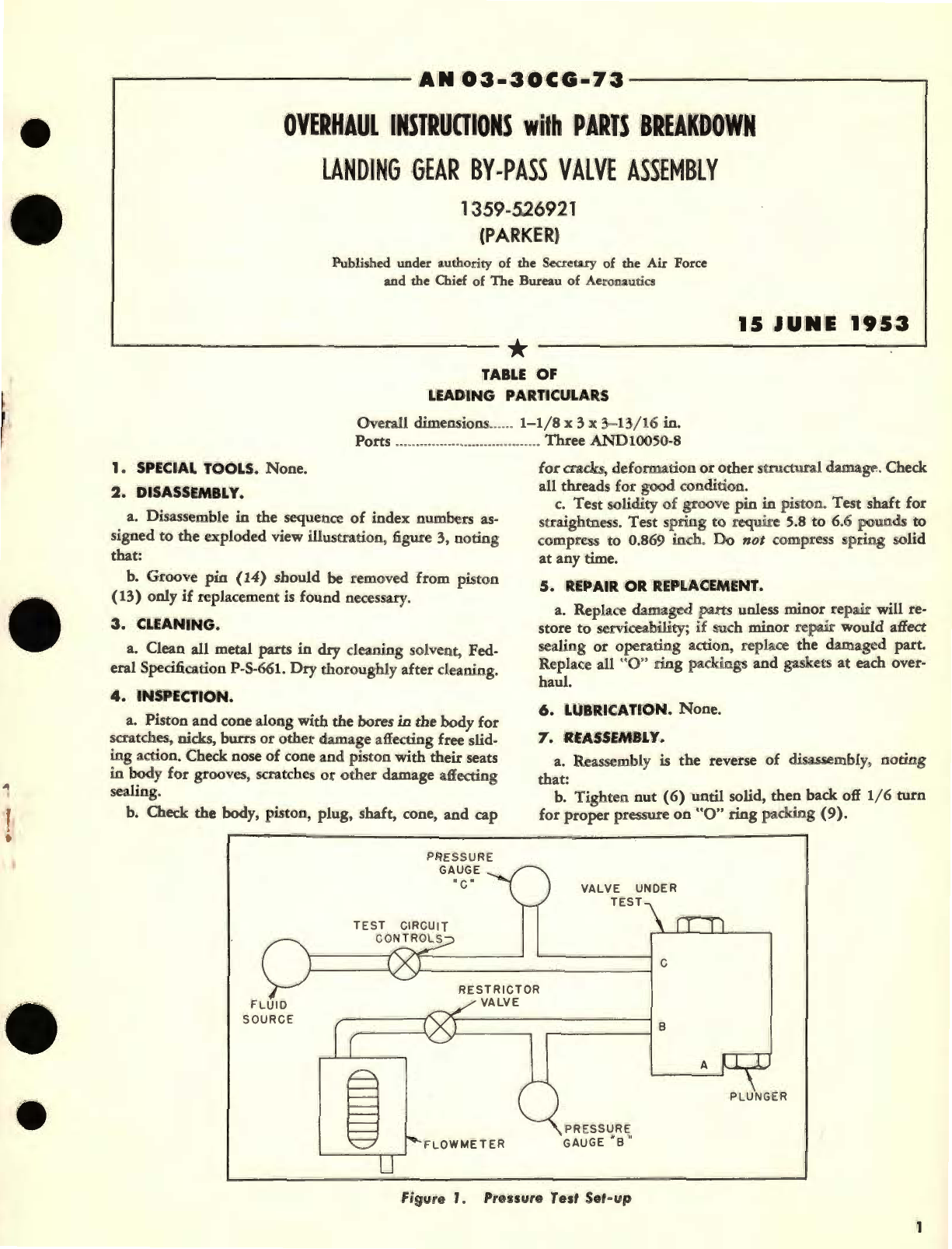 Sample page 1 from AirCorps Library document: Overhaul Instructions with Parts Breakdown for Landing Gear By-Pass Valve Assembly Part No. 1359-526921 