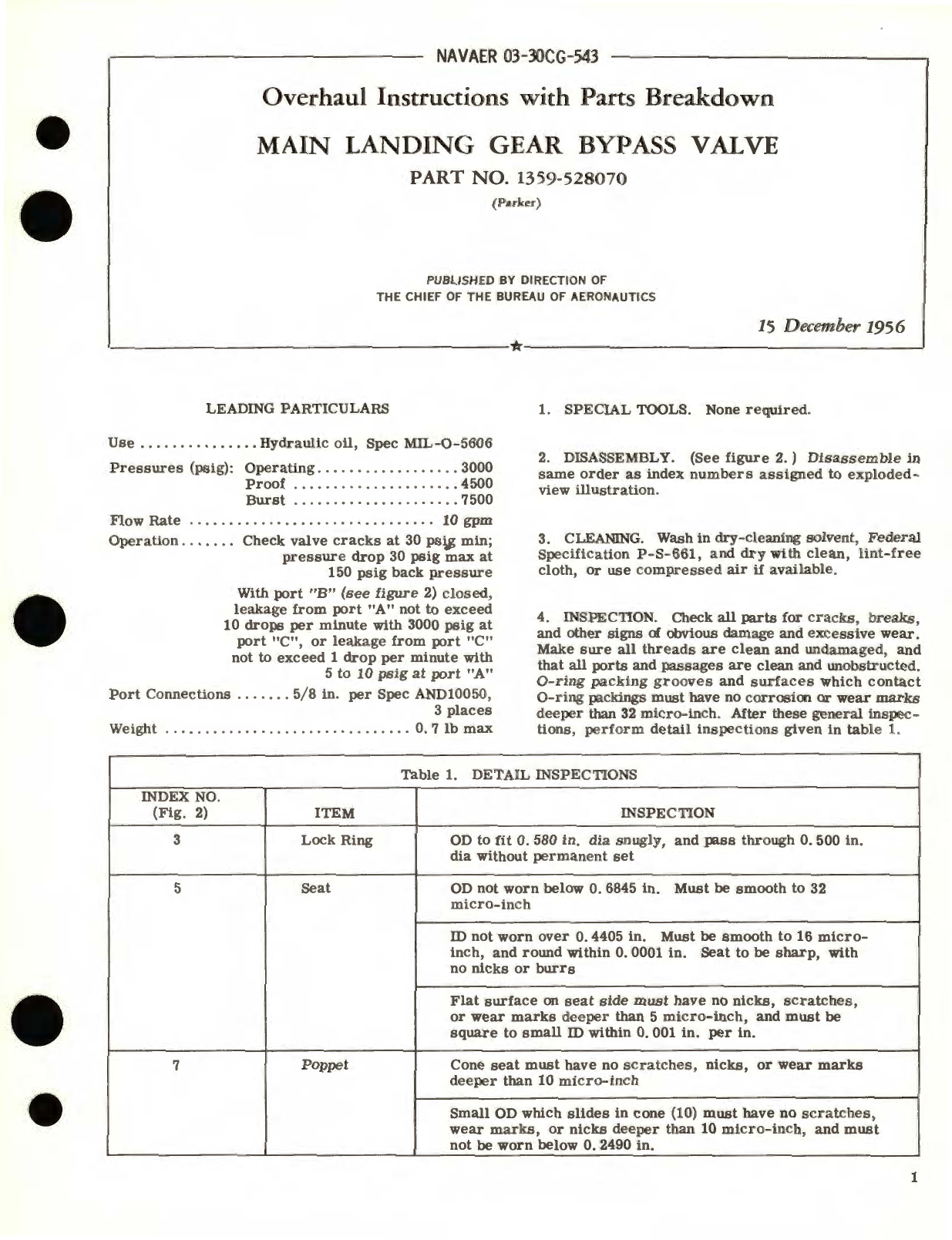 Sample page 1 from AirCorps Library document: Overhaul Instructions with Parts Breakdown for Main Landing Gear Bypass Valve Part No. 1359-528070 