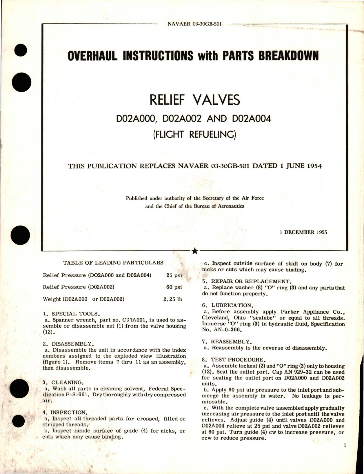 Sample page 1 from AirCorps Library document: Overhaul Instructions with Parts Breakdown for Relief Valves - D02A000, D02A002, and D02A004 