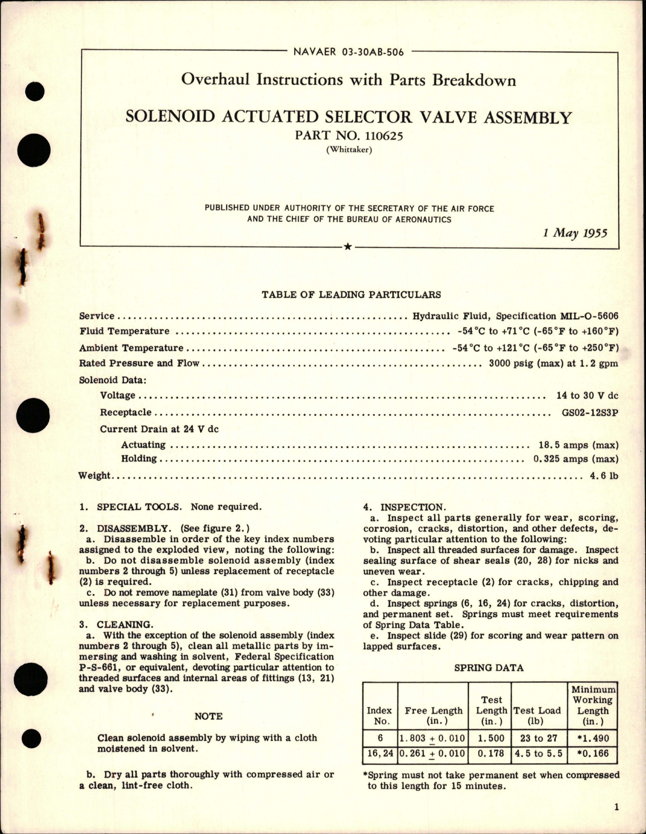 Sample page 1 from AirCorps Library document: Overhaul Instructions with Parts Breakdown for Solenoid Actuated Selector Valve Assembly - Part 110625 