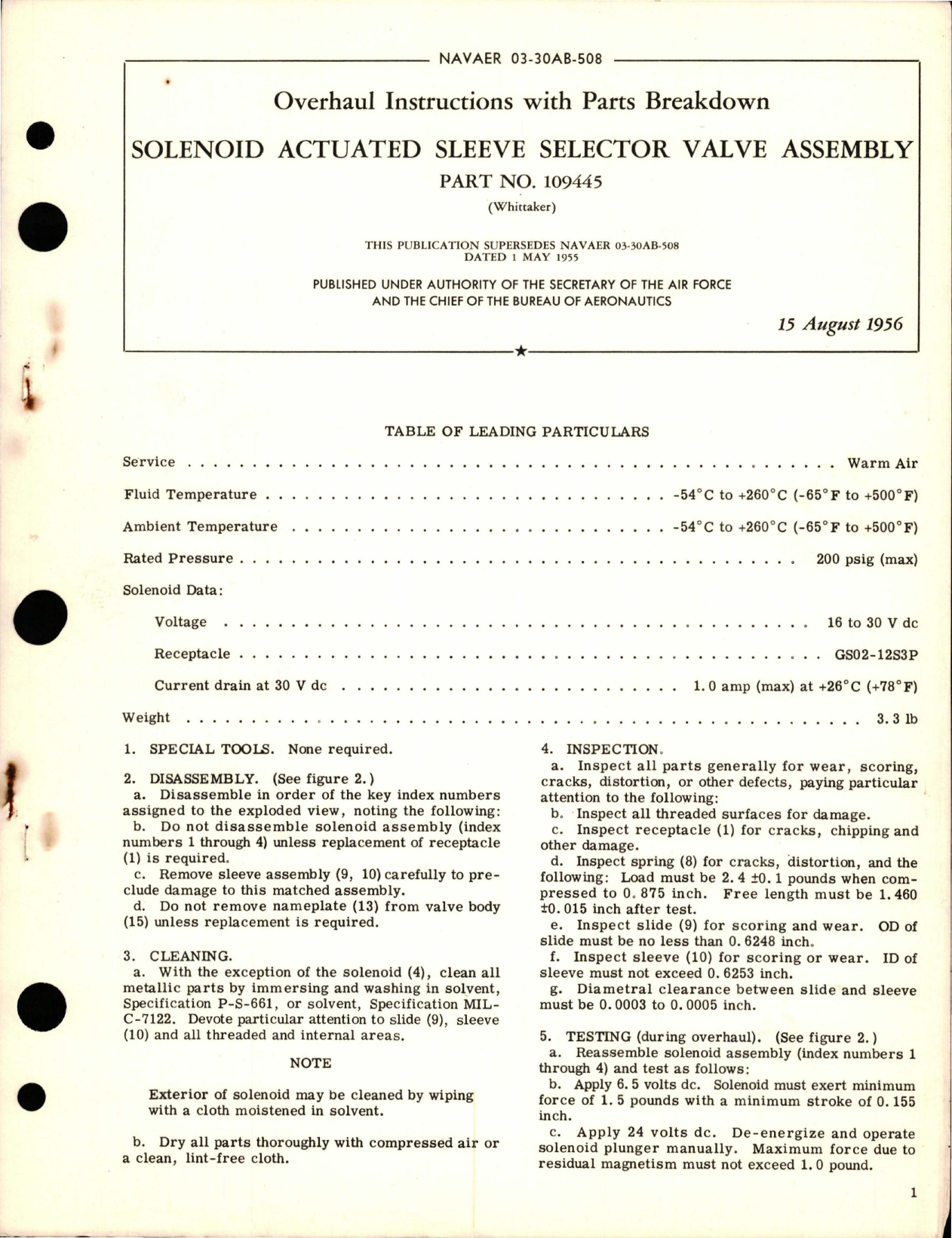 Sample page 1 from AirCorps Library document: Overhaul Instructions with Parts Breakdown for Solenoid Actuated Sleeve Selector Valve Assembly - Part 109445 