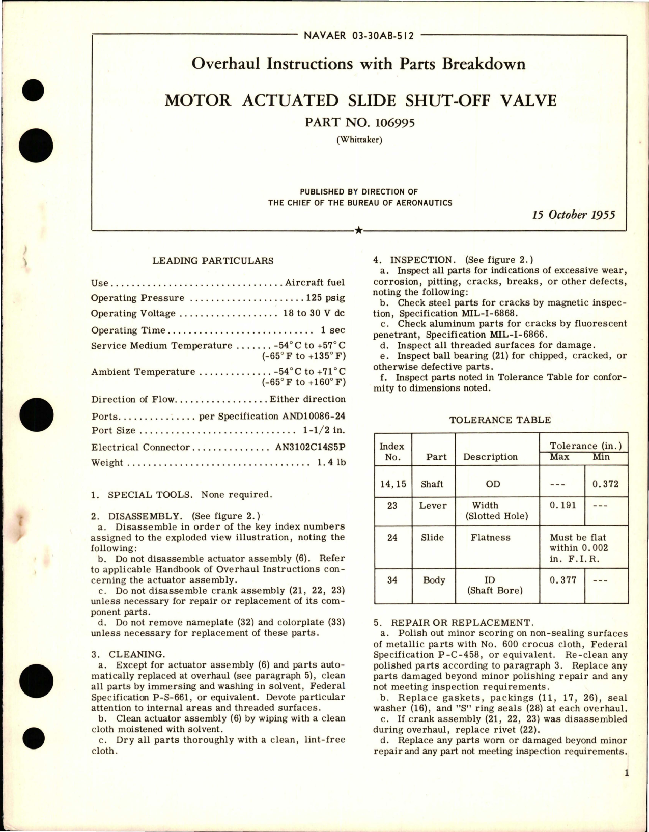 Sample page 1 from AirCorps Library document: Overhaul Instructions with Parts Breakdown for Motor Actuated Slide Shut-Off Valve - Part 106995