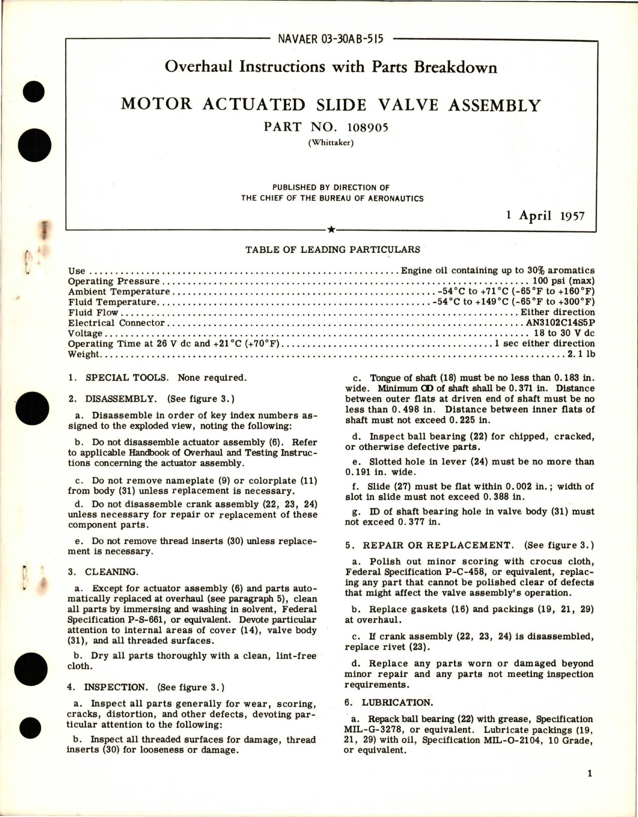 Sample page 1 from AirCorps Library document: Overhaul Instructions with Parts Breakdown for Motor Actuated Slide Valve Assembly - Part 108905