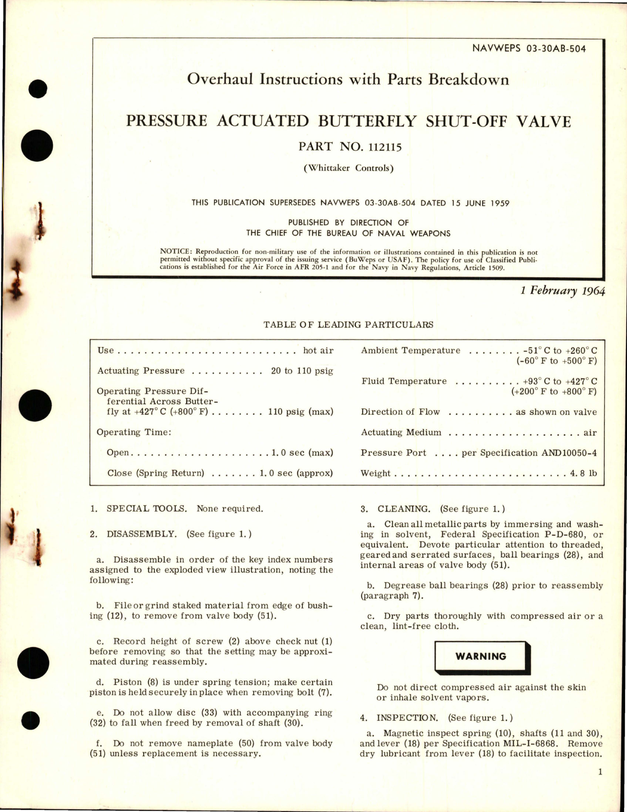 Sample page 1 from AirCorps Library document: Overhaul Instructions with Parts Breakdown for Pressure Actuated Butterfly Shut-Off Valve - Part 112115 