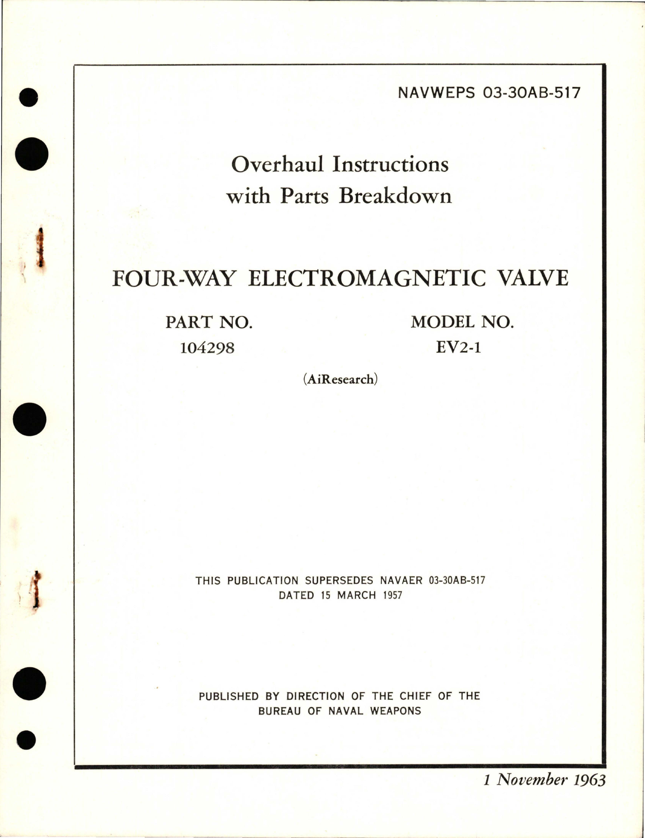 Sample page 1 from AirCorps Library document: Overhaul Instructions with Parts Breakdown for Four-Way Electromagnetic Valve - Part 104298 - Model EV2-1 