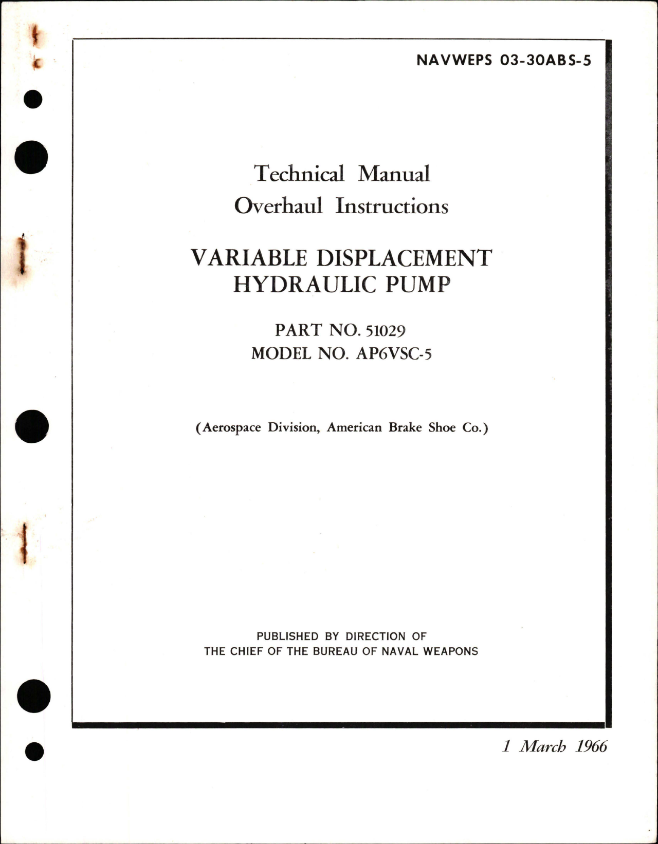 Sample page 1 from AirCorps Library document: Overhaul Instructions for Variable Displacement Hydraulic Pump - Part 51029 - Model AP6VSC-5