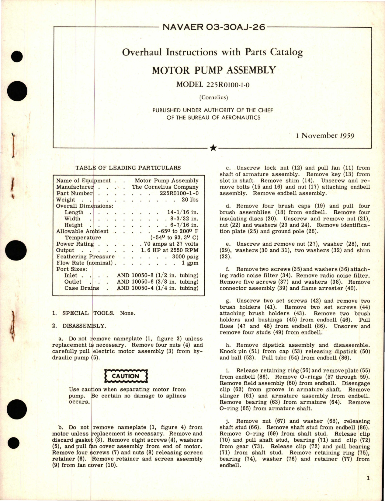 Sample page 1 from AirCorps Library document: Overhaul Instructions with Parts Catalog for Motor Pump Assembly - Model 225R0100-1-0 