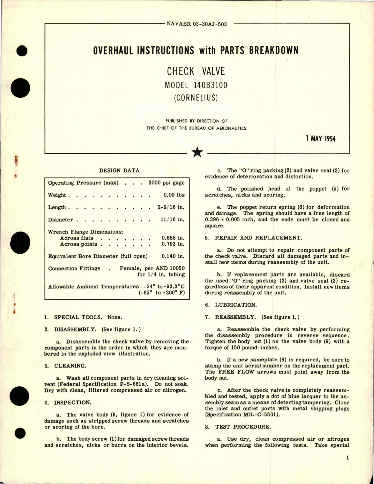 Sample page 1 from AirCorps Library document: Overhaul Instructions with Parts Breakdown for Check Valve - Model 140B3100 