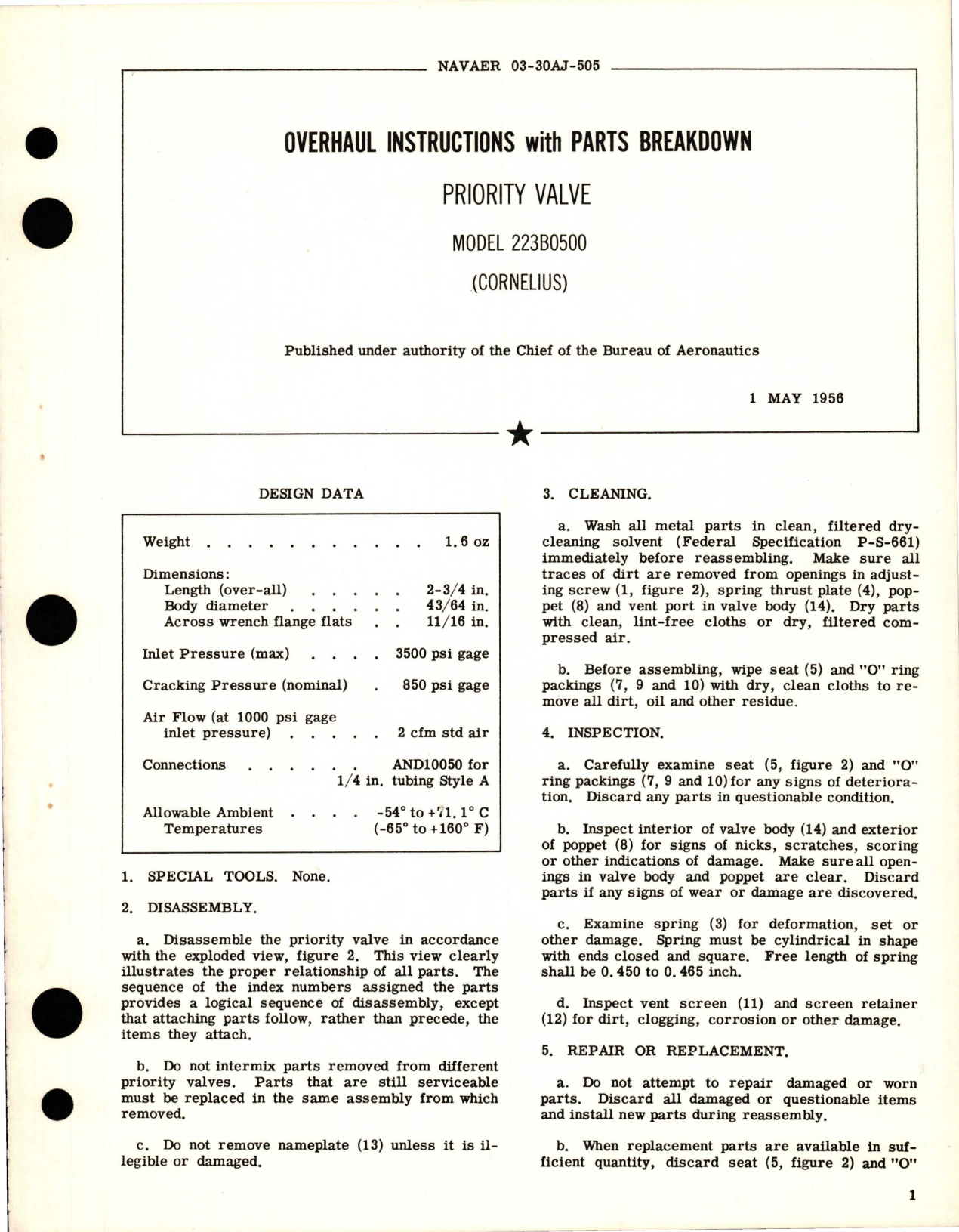 Sample page 1 from AirCorps Library document: Overhaul Instructions with Parts Breakdown for Priority Valve - Model 223B0500