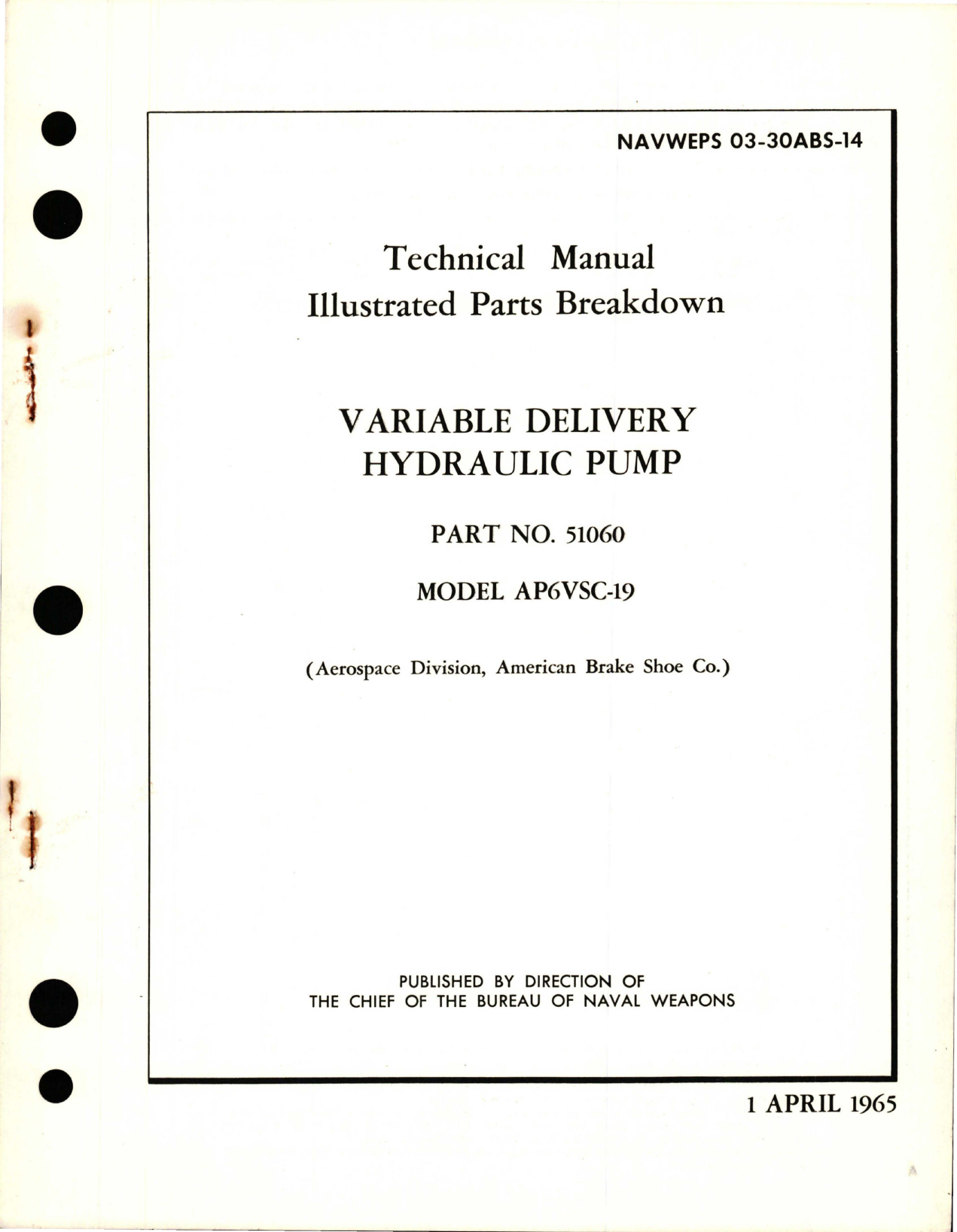 Sample page 1 from AirCorps Library document: Illustrated Parts Breakdown for Variable Delivery Hydraulic Pump - Part 51060 - Model AP6VSC-19