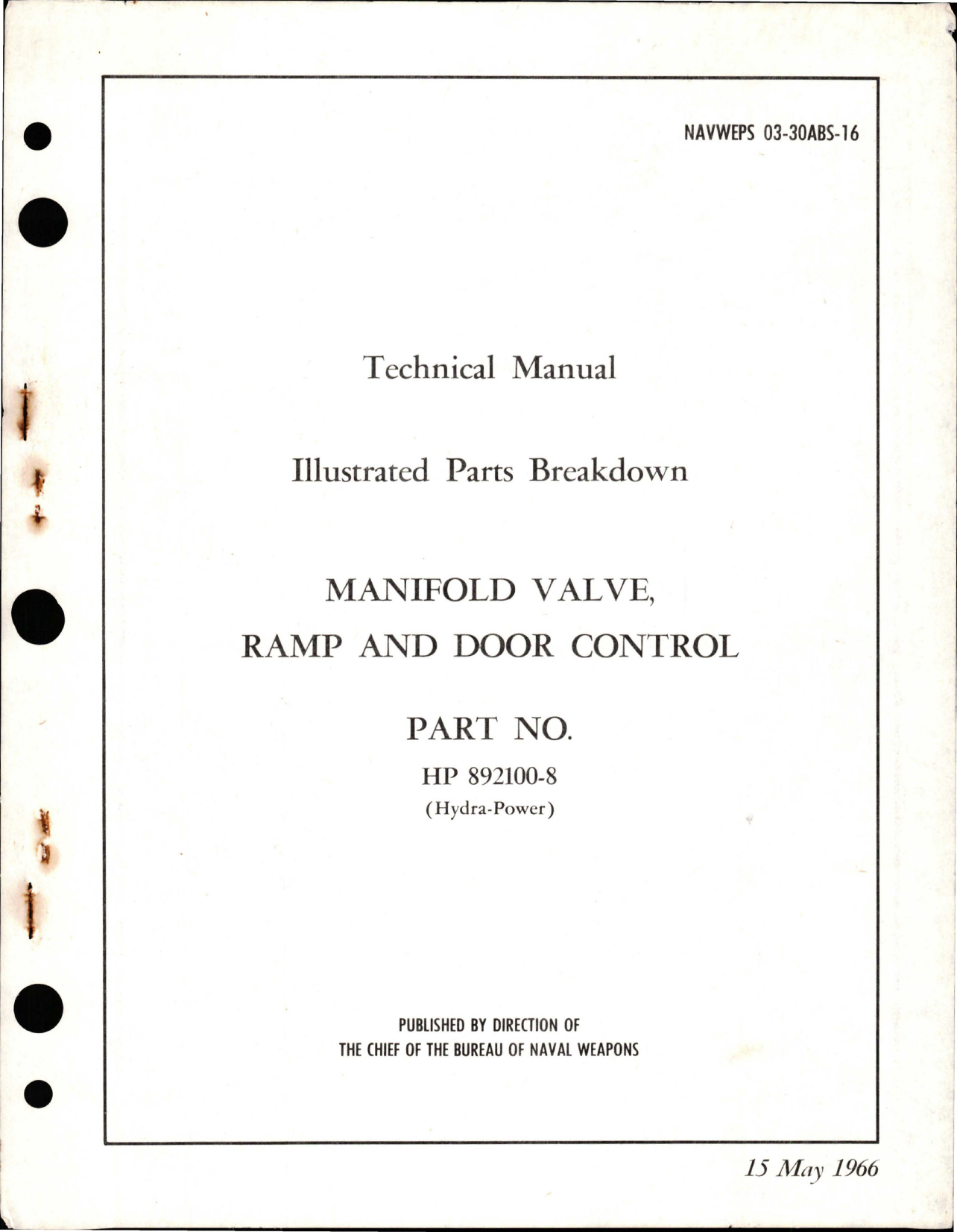 Sample page 1 from AirCorps Library document: Illustrated Parts Breakdown for Ramp and Door Control Manifold Valve - Part HP 892100-8 