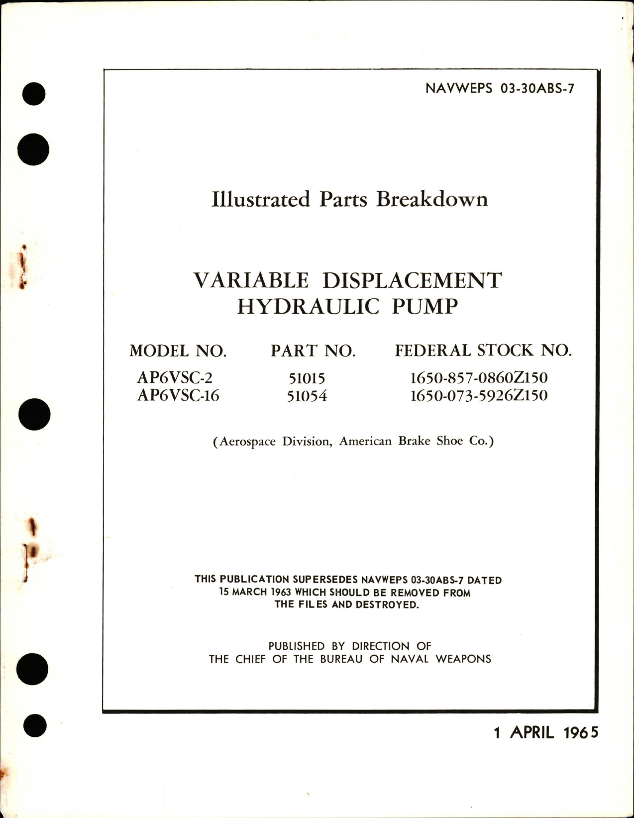 Sample page 1 from AirCorps Library document: Illustrated Parts Breakdown for Variable Displacement Hydraulic Pump - Models AP6VSC-2 and AP6VSC-16 - Parts 51015 and 51054 