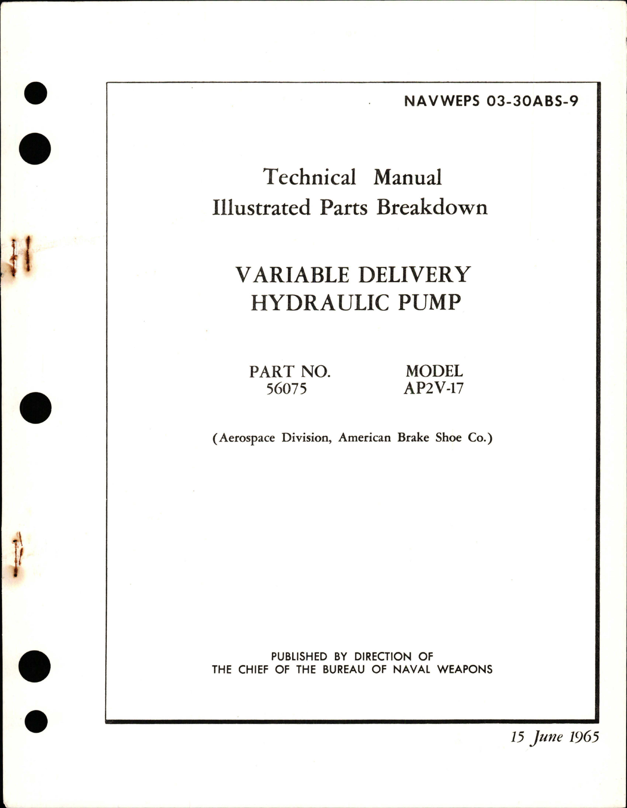 Sample page 1 from AirCorps Library document: Illustrated Parts Breakdown for Variable Delivery Hydraulic Pump - Part 56075 - Model AP2V-17 