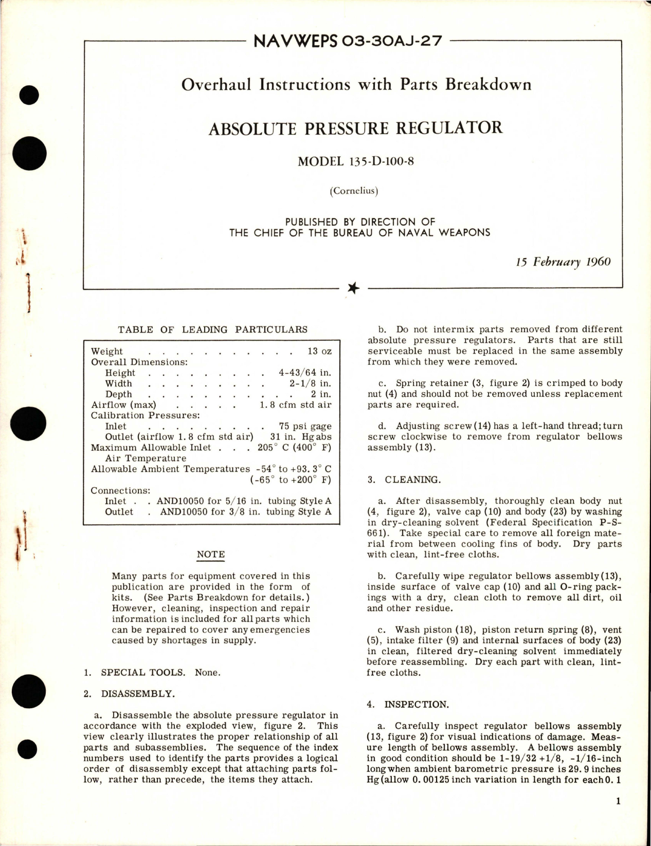 Sample page 1 from AirCorps Library document: Overhaul Instructions with Parts Breakdown for Absolute Pressure Regulator - Model 135-D-100-8