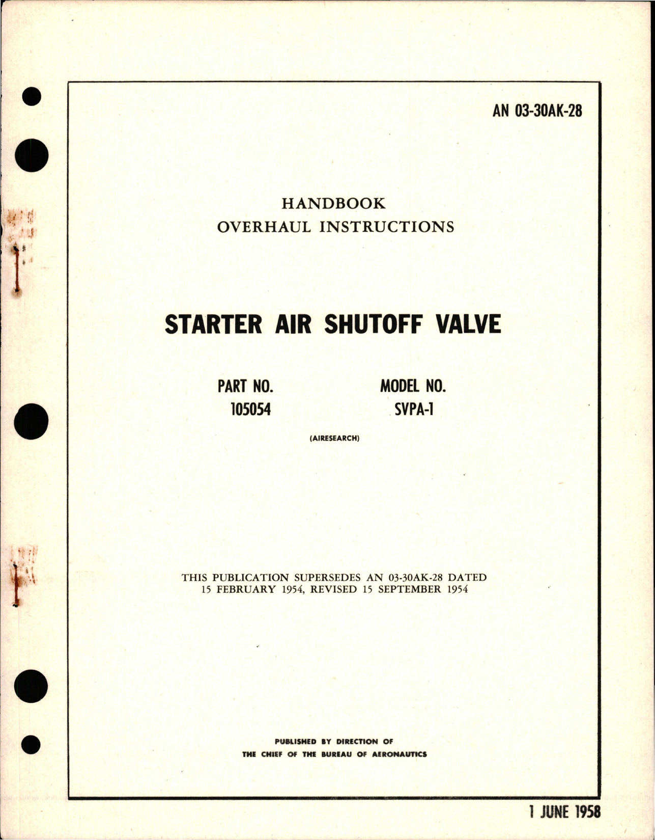 Sample page 1 from AirCorps Library document: Overhaul Instructions for Starter Air Shutoff Valve - Part 105054 - Model SVPA-1 