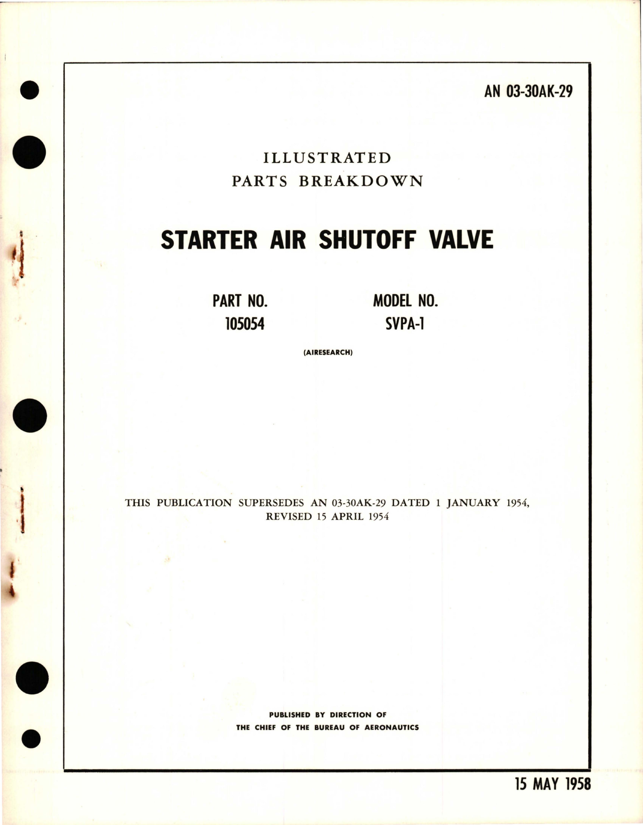 Sample page 1 from AirCorps Library document: Illustrated Parts Breakdown for Starter Air Shutoff Valve - Part 105054 - Model SVPA-1