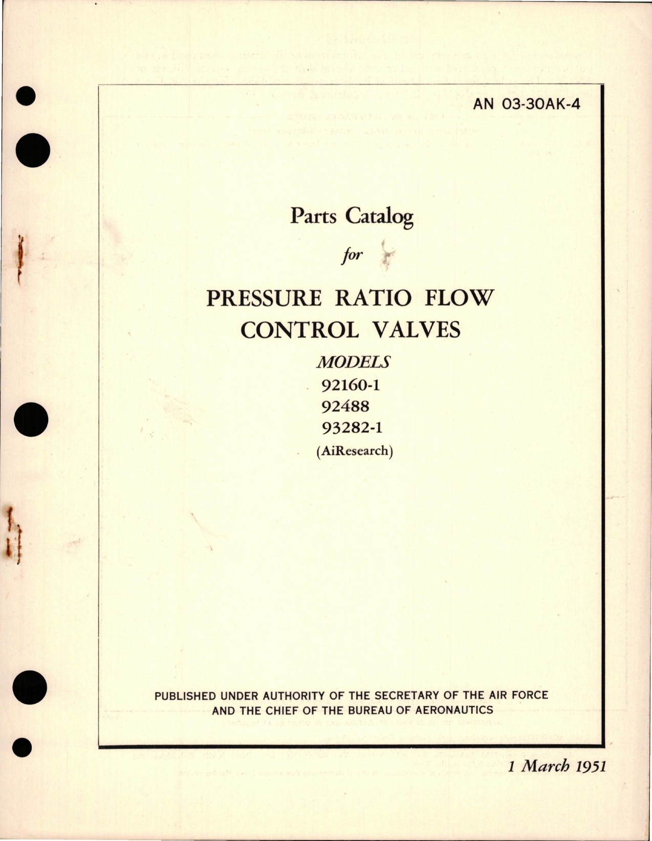 Sample page 1 from AirCorps Library document: Parts Catalog for Pressure Ratio Flow Control Valves - Models 92160-1, 92488, and 93282-1